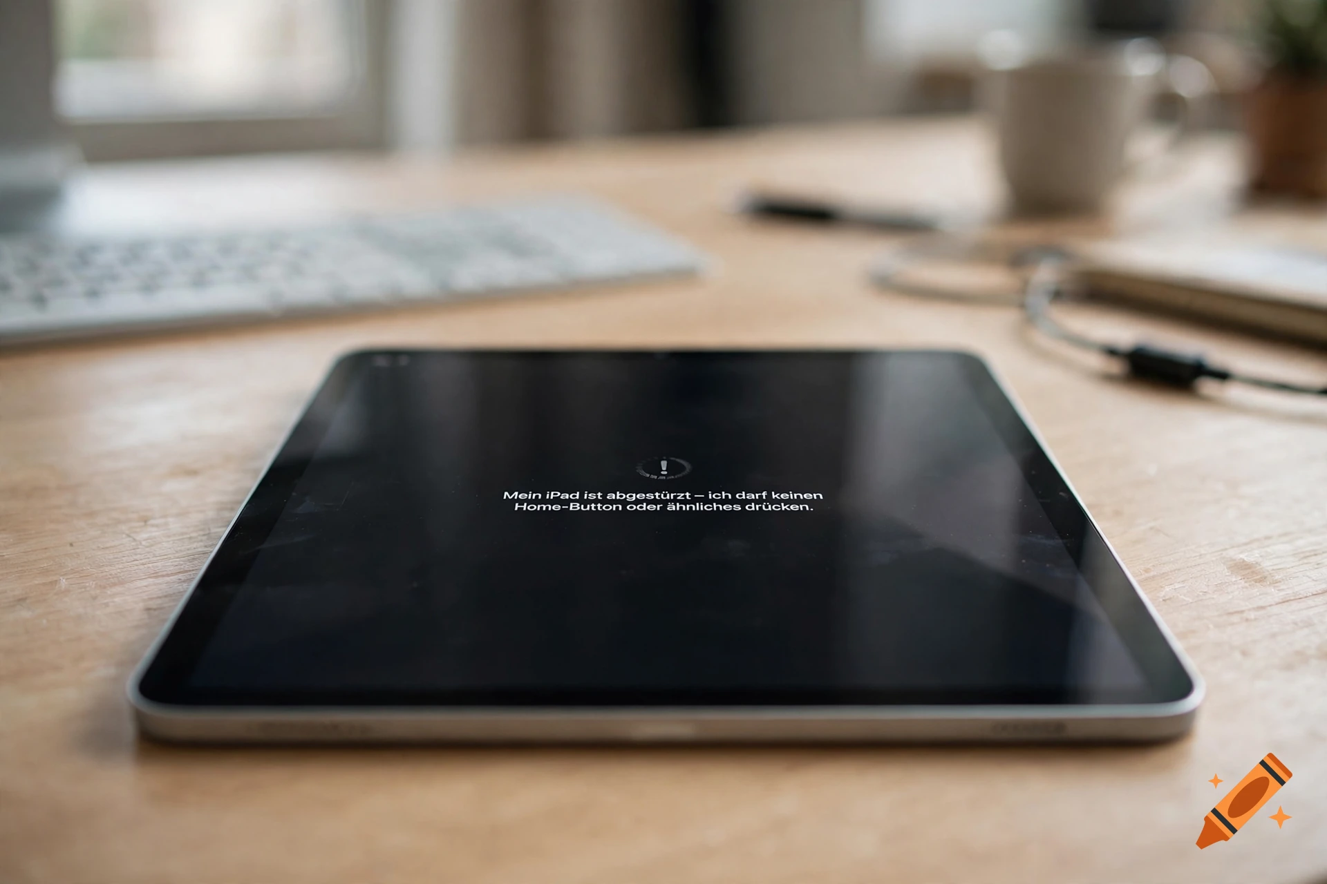 Close-up of a tablet resting on a wooden desk with a black screen displaying German error text.