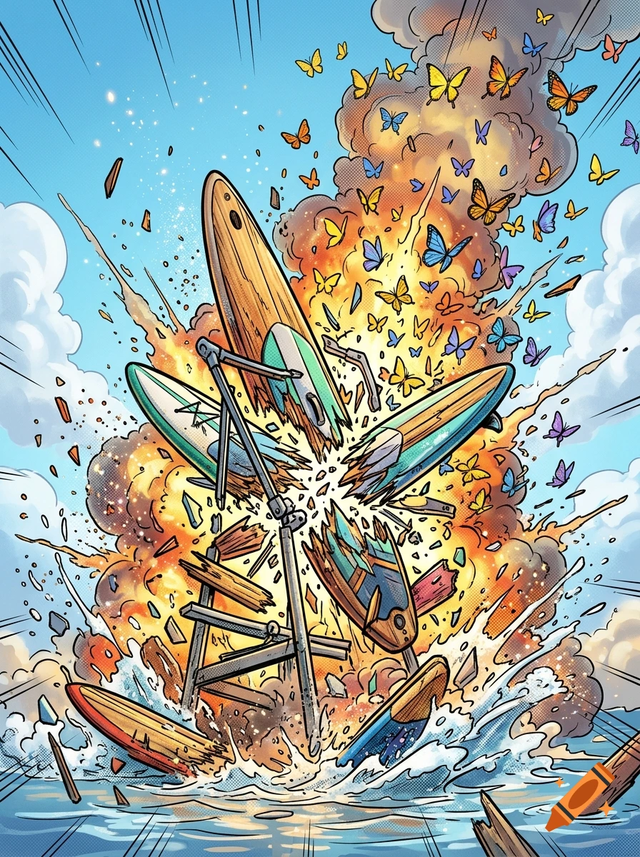 Comic book style illustration of a paddle board exploding with colorful butterflies and a smoke cloud.