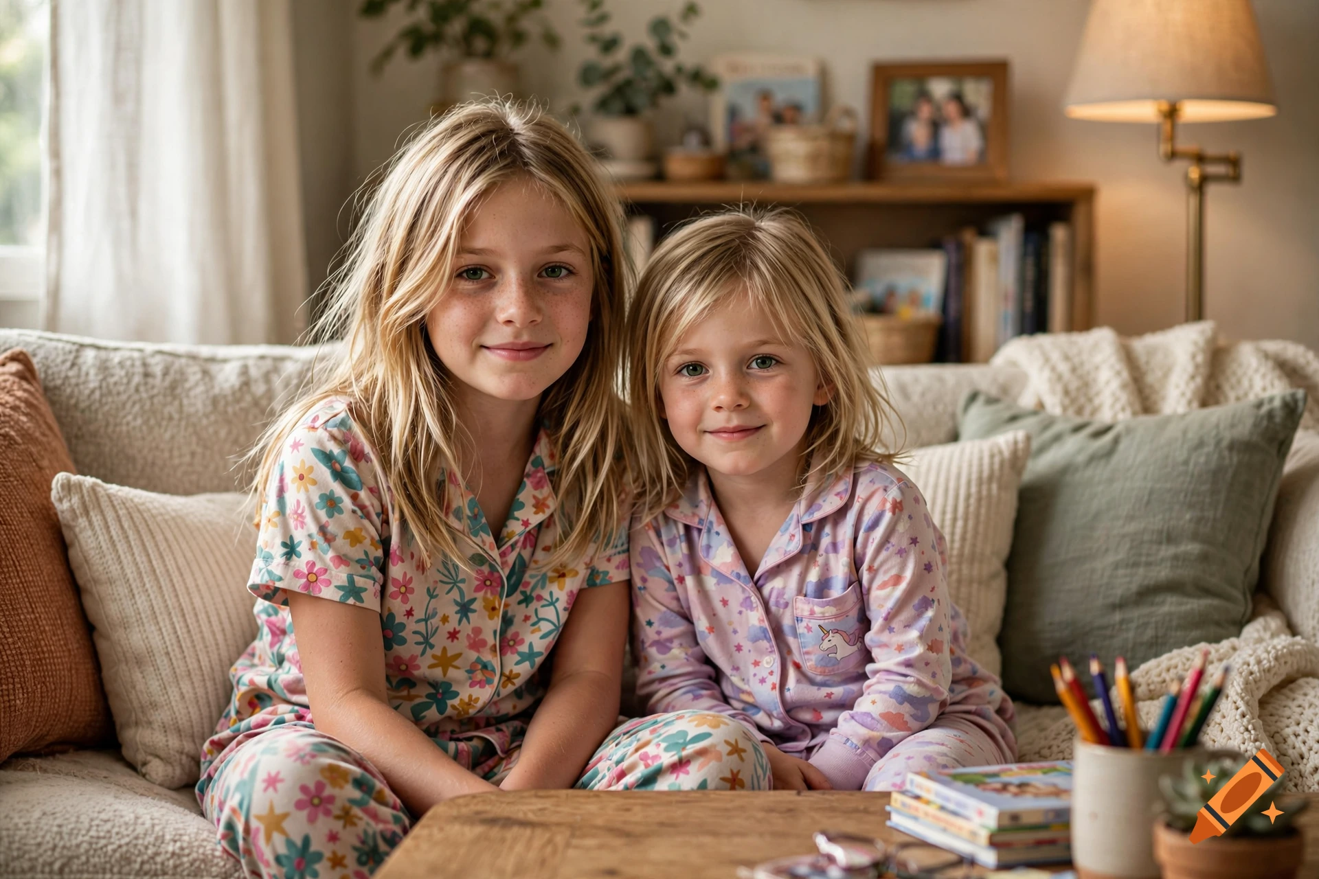 Photorealistic portrait of two young blonde sisters in matching floral pajamas sitting together on a beige couch in a cozy living room.