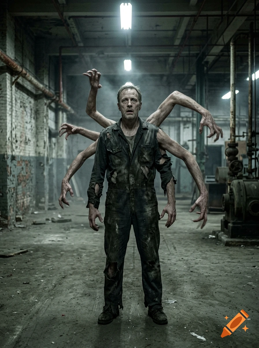 Photorealistic image of a man in a dirty jumpsuit standing in a ruined industrial warehouse, with multiple unnatural arms extending from his back.