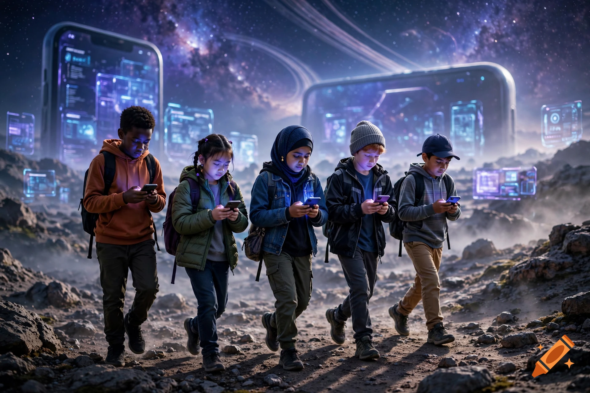 Five children with backpacks walk on an alien planet while looking at glowing smartphones, with giant smartphones and a nebula in the background.
