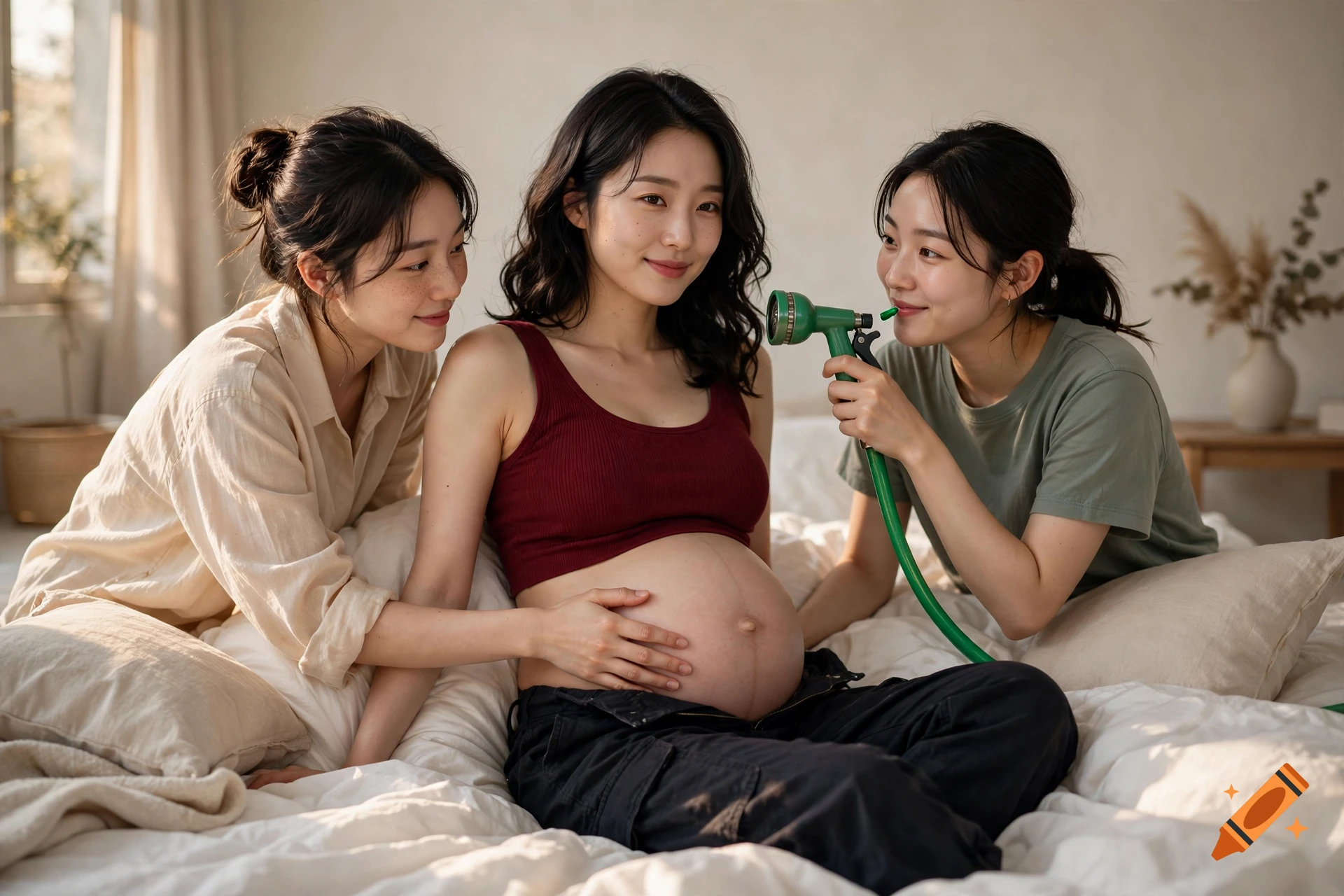 Three young East Asian women sitting on a bed in a sunlit room, one pregnant woman smiling while another holds a garden hose.