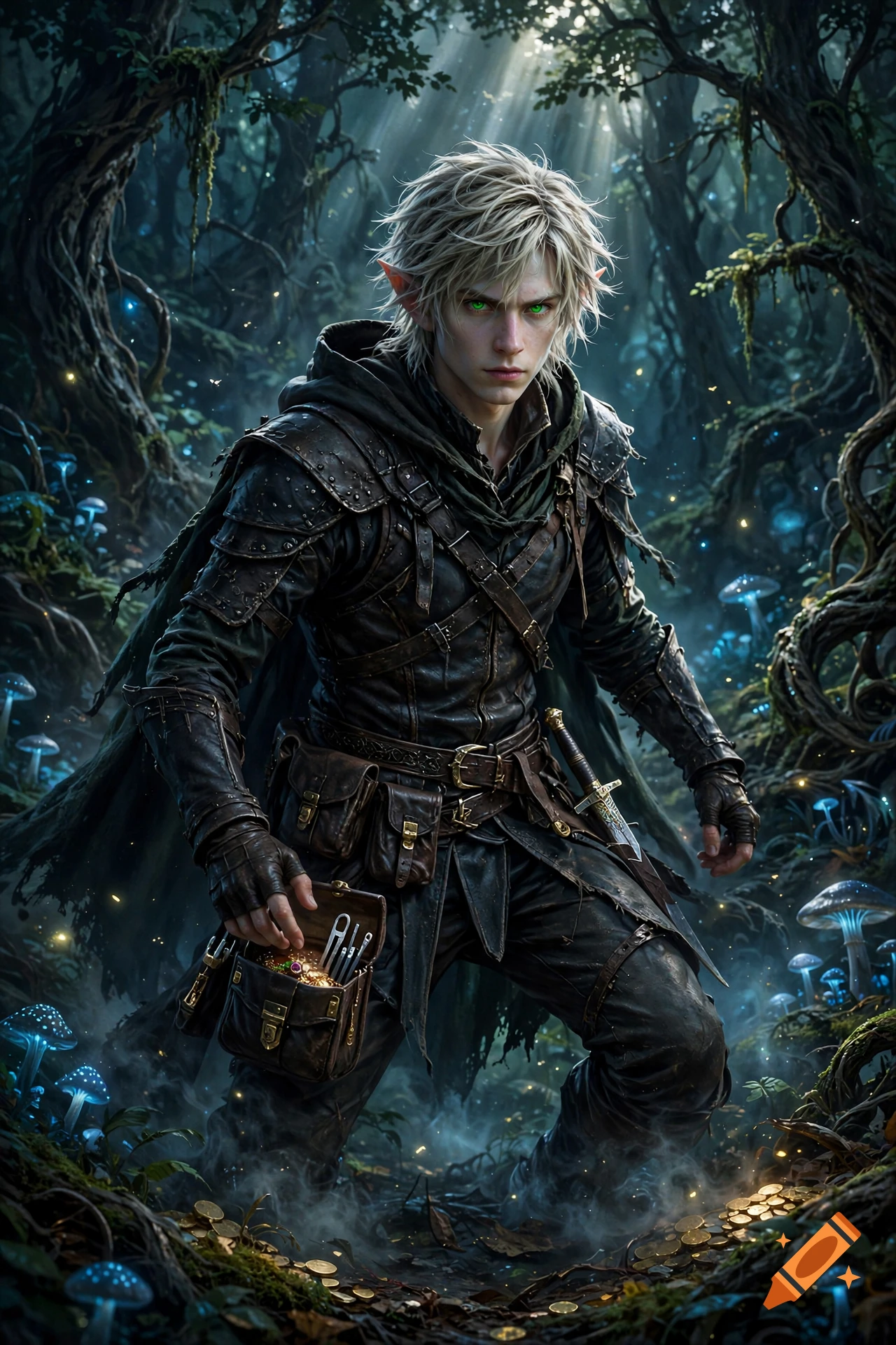 An elven rogue with blonde hair, glowing green eyes, and leather armor in a glowing magical forest, photorealistic style.