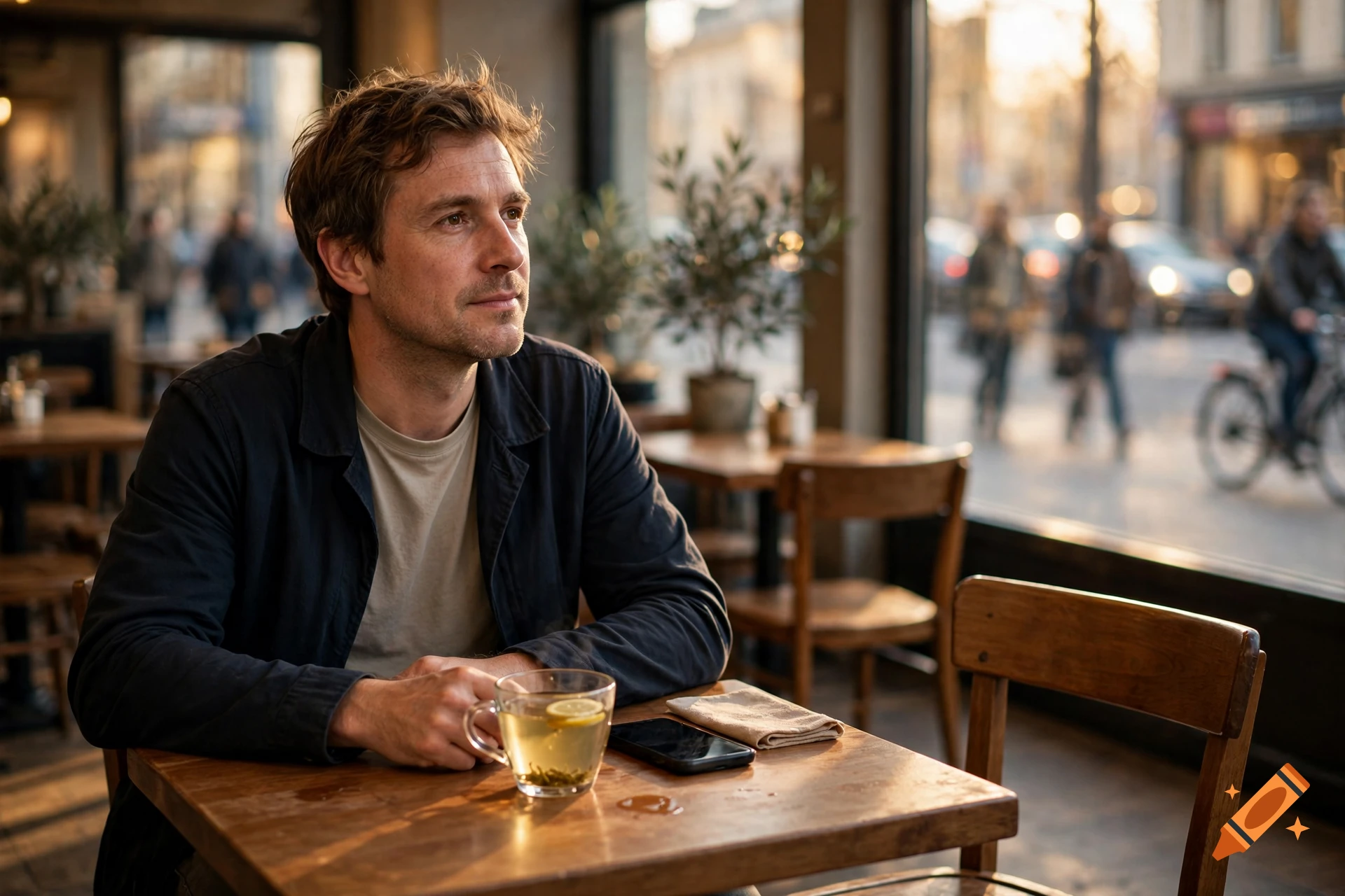Photorealistic medium shot of a man sitting at a wooden table in a cafe, looking thoughtfully out the window with a glass of tea.