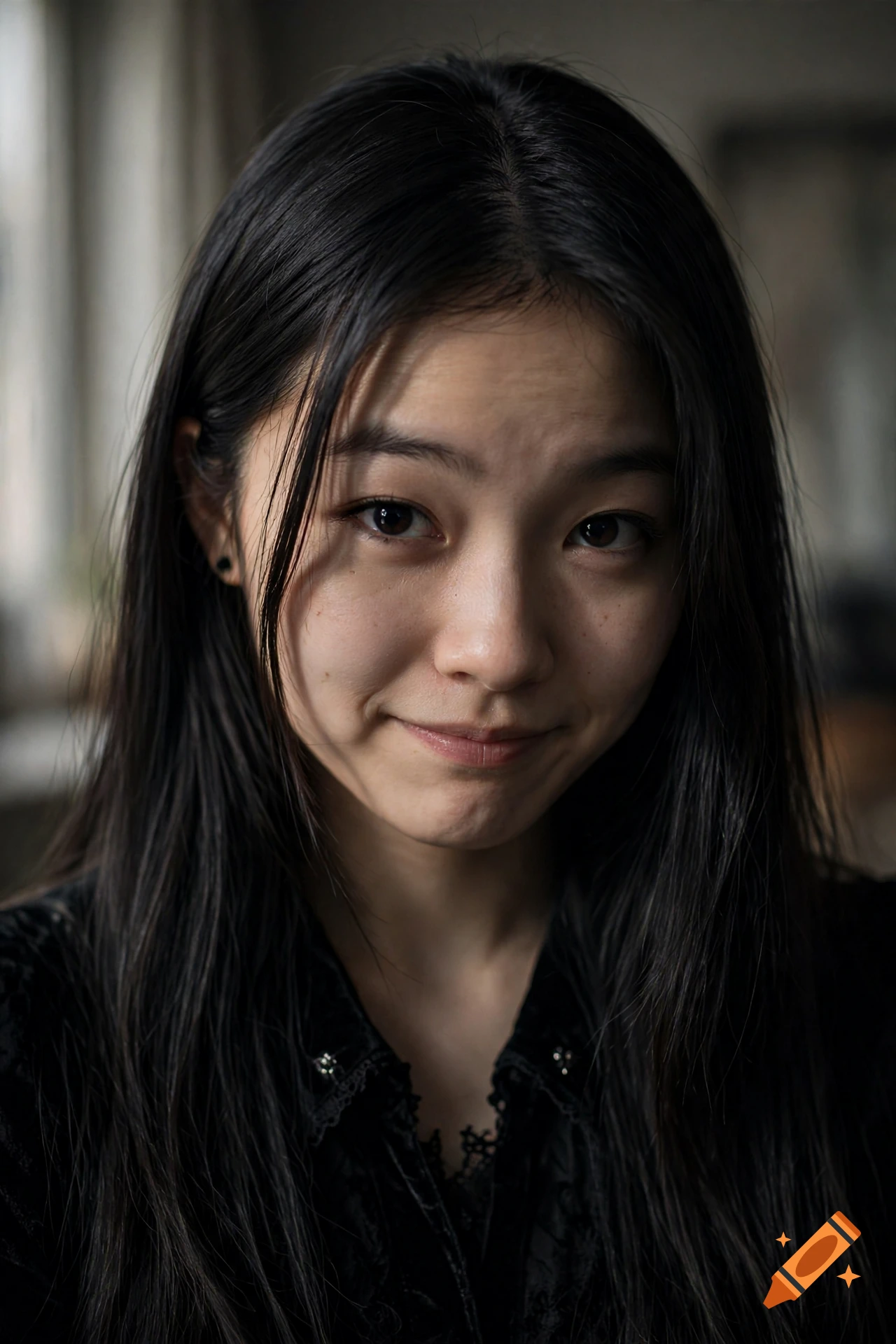Close-up photorealistic portrait of an Asian girl with long dark hair, wearing a black shirt and smiling playfully.