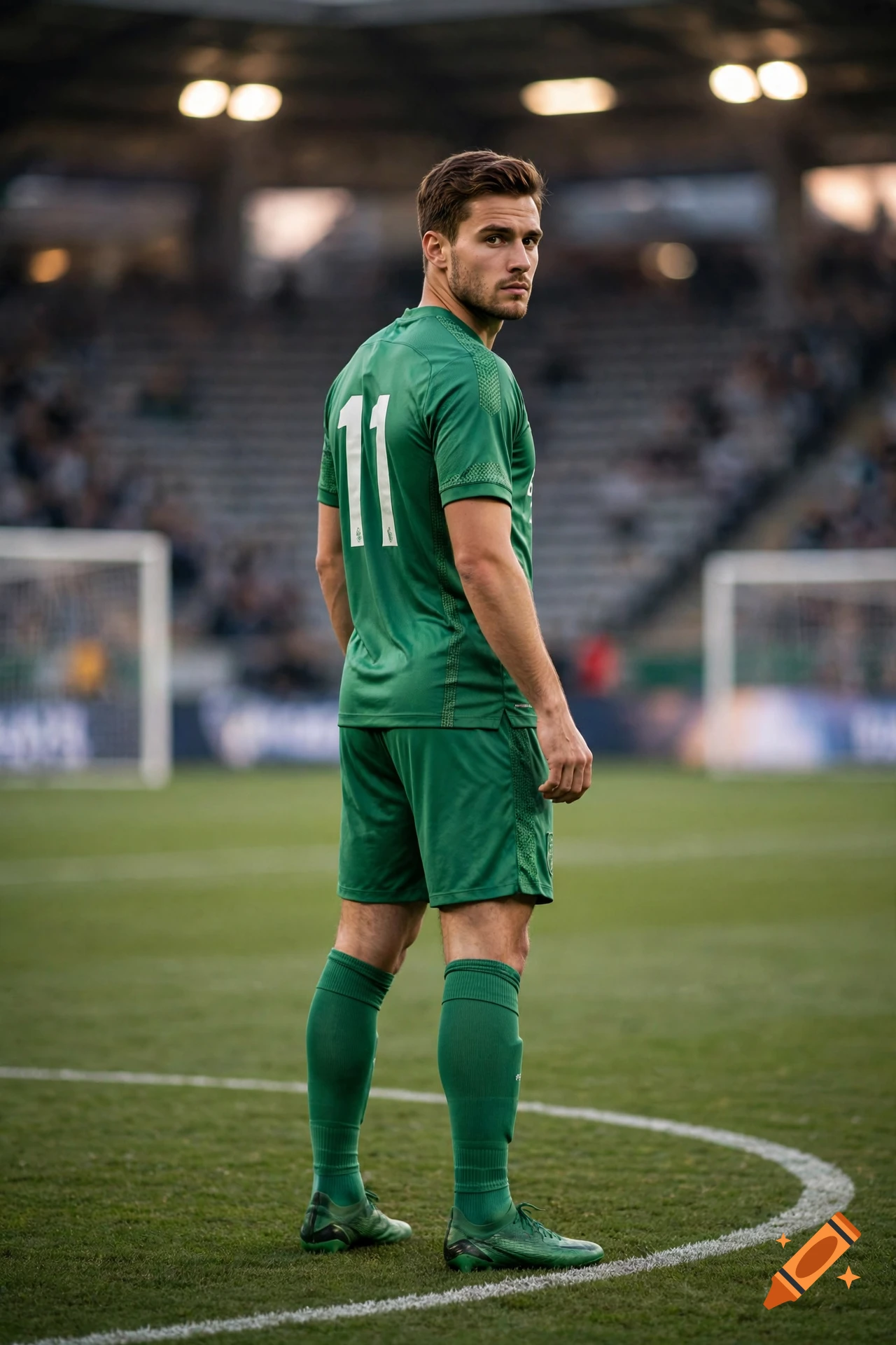 A soccer player in a green uniform with the number 11 on his back stands on a field, looking back over his shoulder.