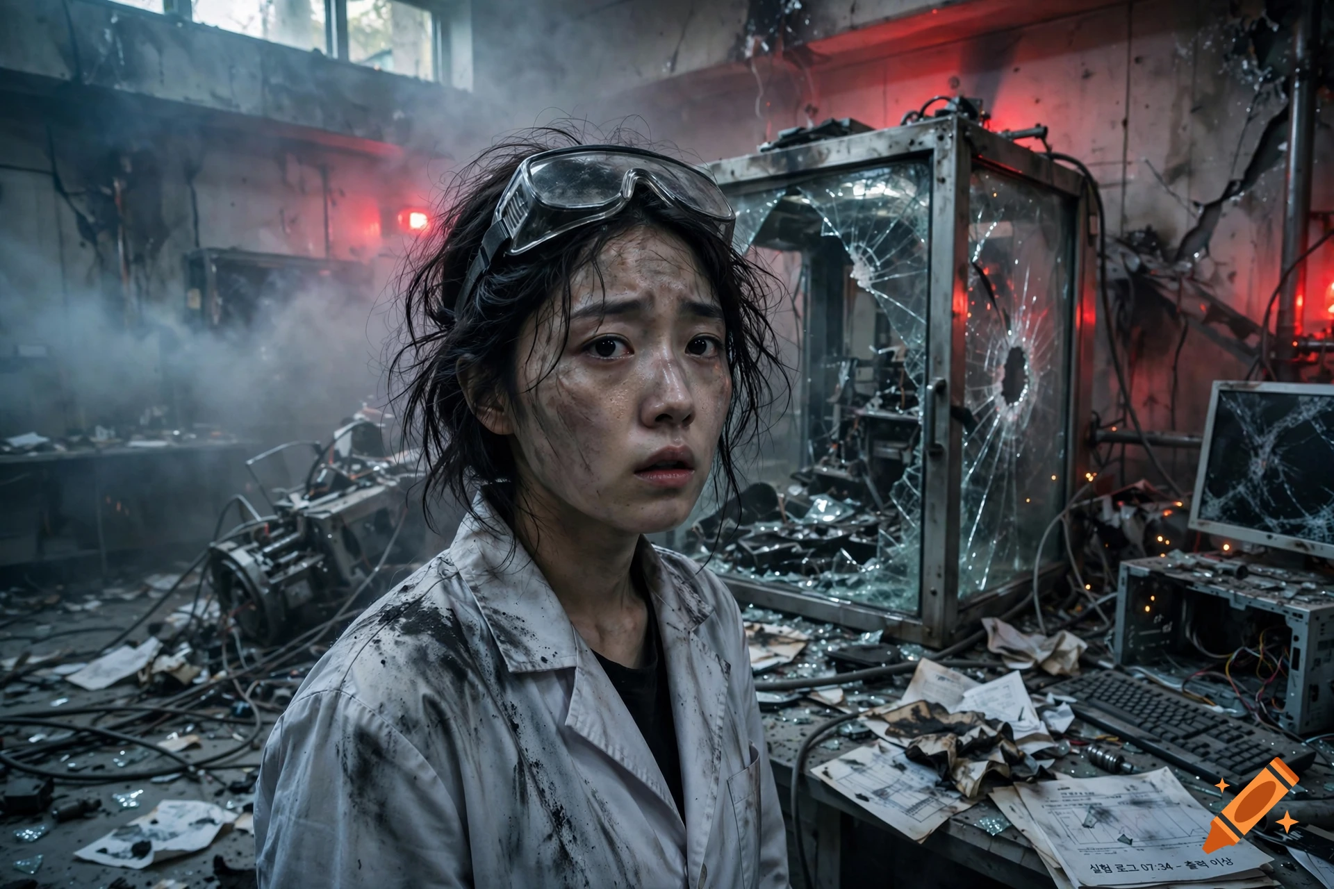 A distraught young female scientist with a dirty face and safety goggles in a destroyed laboratory with shattered glass and smoke.