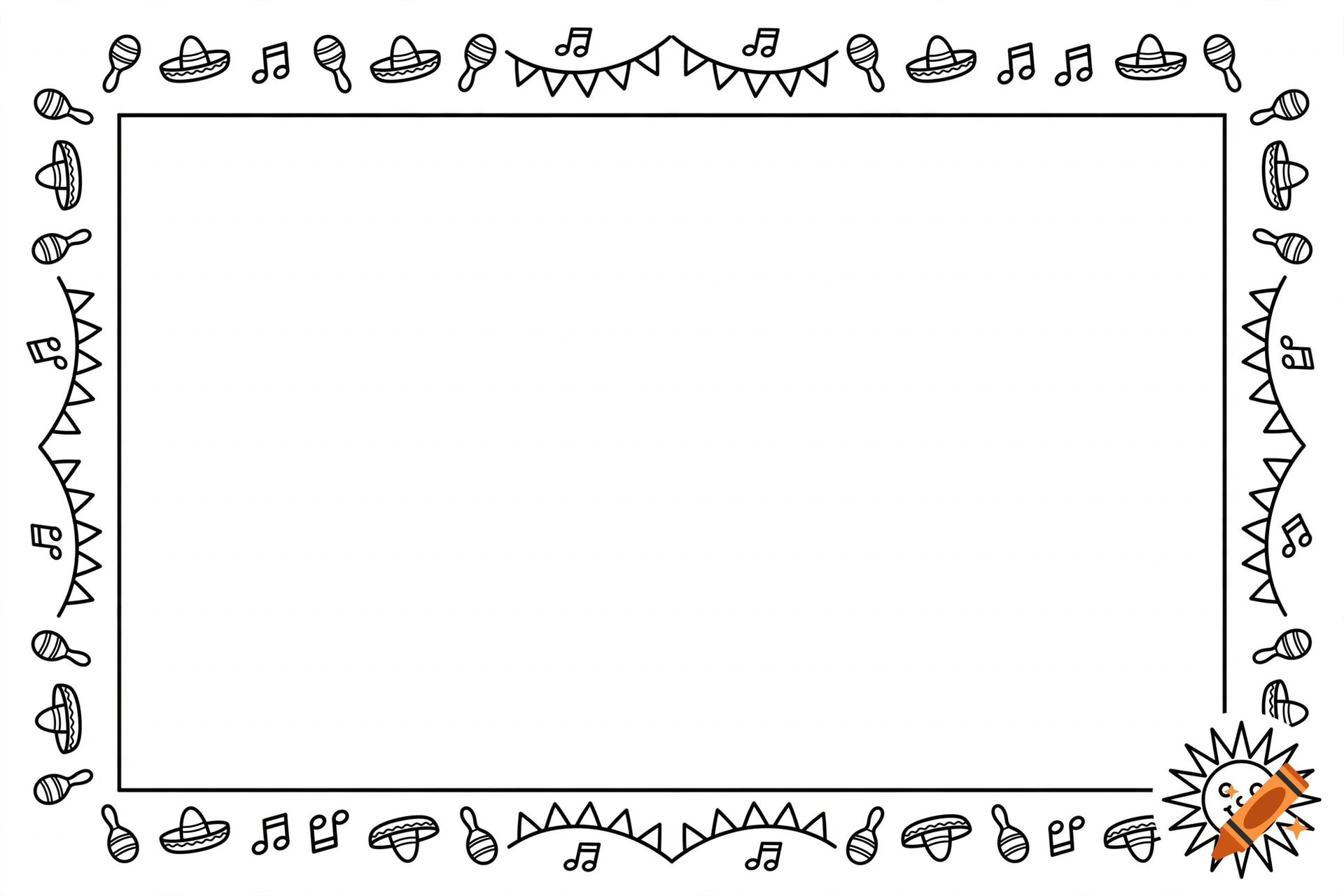 Black and white coloring book page border featuring sombreros, maracas, musical notes, festive banners, and a sun in the corner.