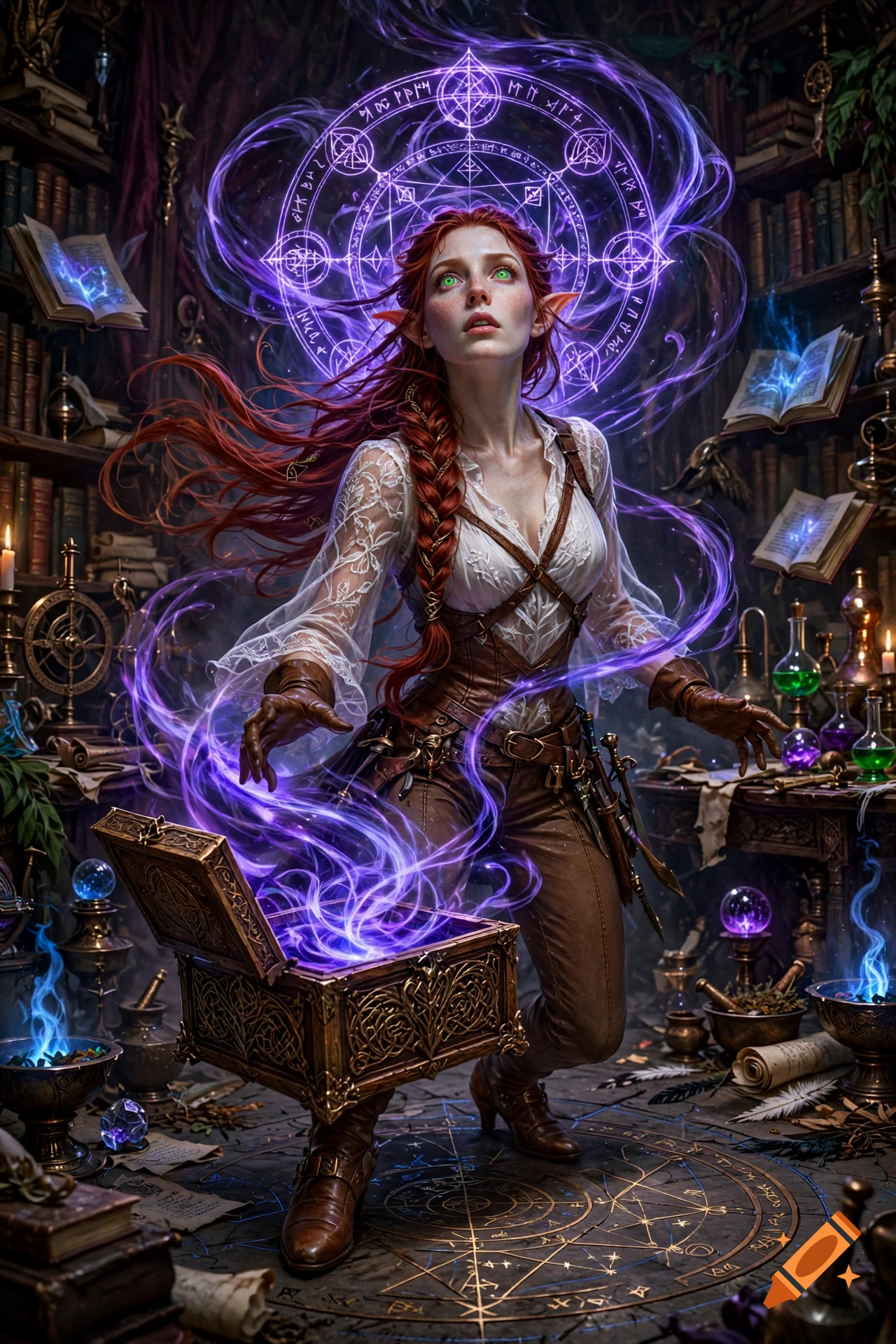 An elfin rogue with red hair and glowing green eyes triggers a magical trap in a library, digital fantasy art.