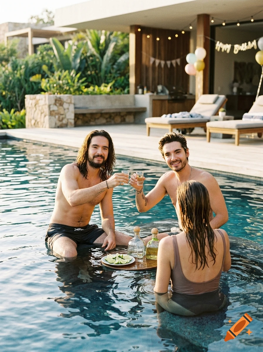 Photorealistic image of two men, Tom and Bill Kaulitz, and a woman sitting in a swimming pool, holding tequila shots.