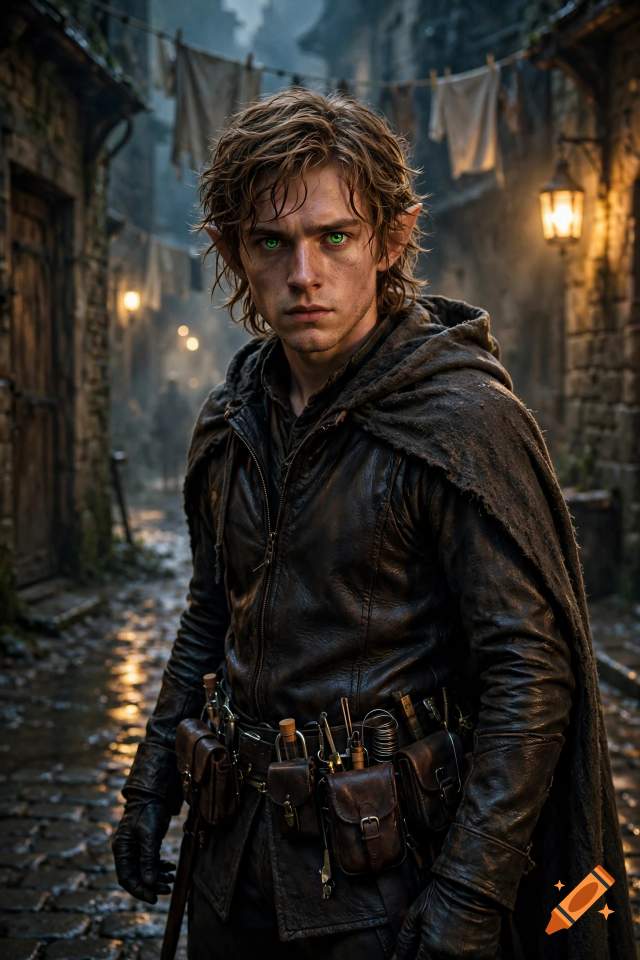 Photorealistic portrait of a young male elf with light brown hair and green eyes, wearing a leather doublet and cloak, in a medieval alley.