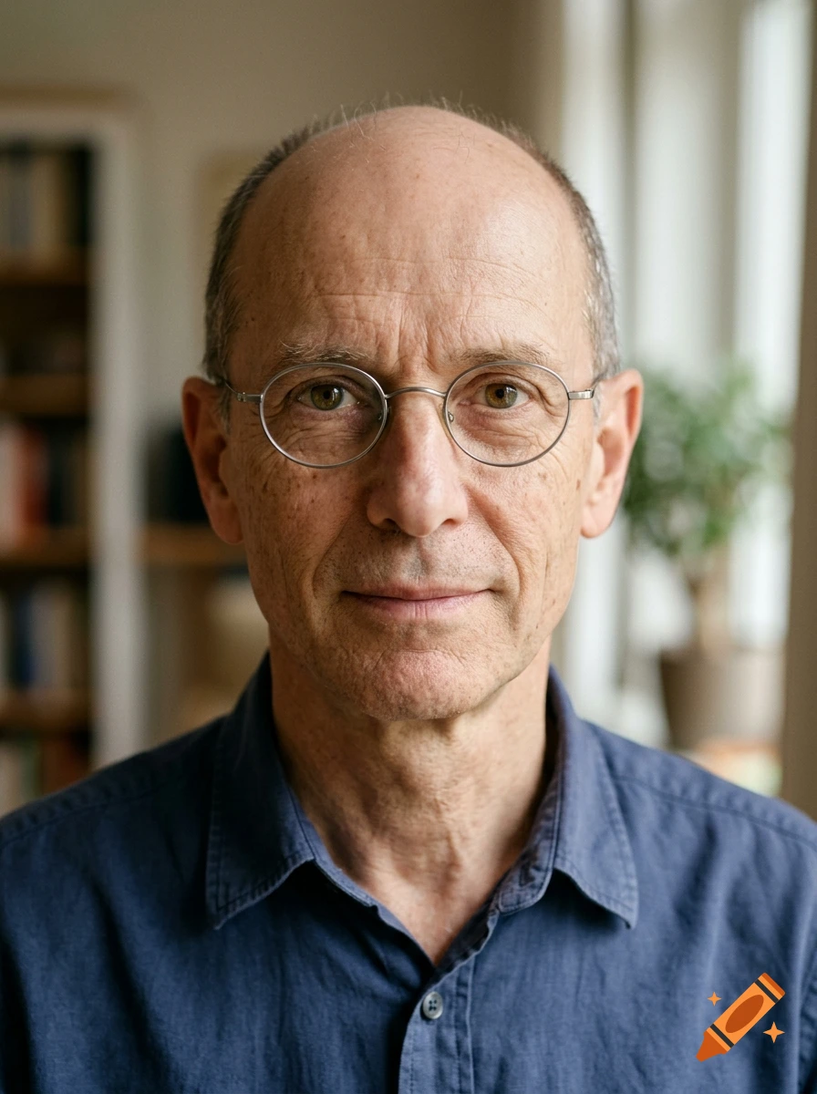 Close-up photorealistic portrait of a bald 60-year-old man with brown-green eyes and small metal glasses, wearing a blue button-up shirt.