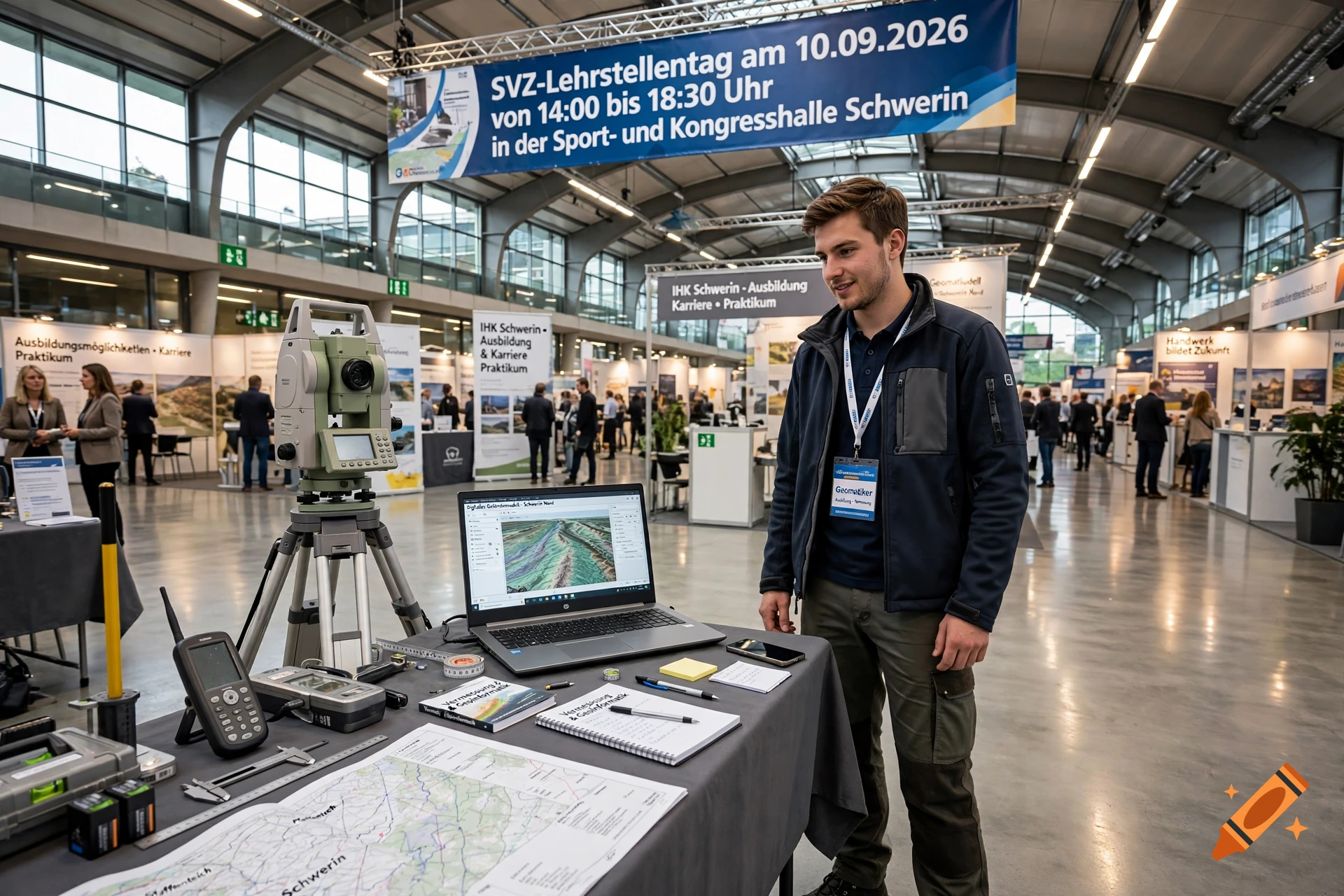 Photorealistic image of a young man standing beside a trade fair booth with surveying equipment and a laptop in a large exhibition hall.