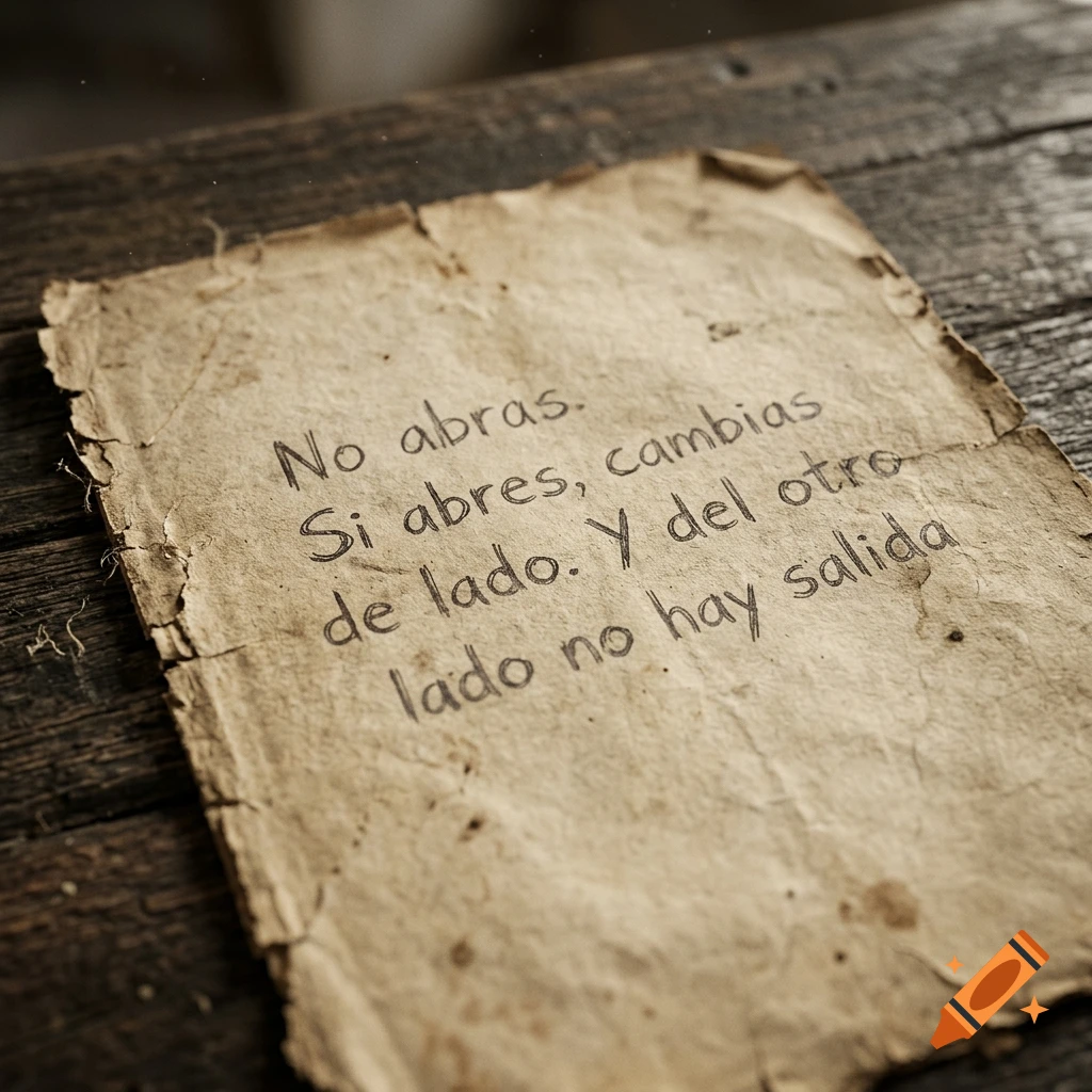 Close-up of an old, yellowed paper with Spanish handwritten text resting on a dark wooden table, cinematic lighting.