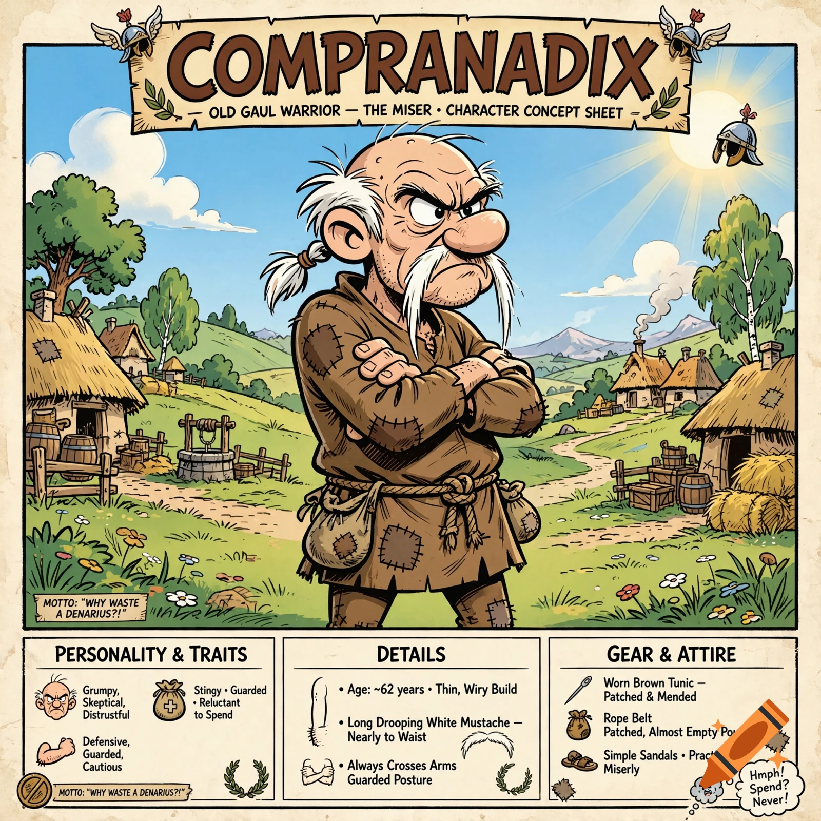 Comic book art style character concept sheet of a grumpy old Gaul warrior with a droopy white mustache.