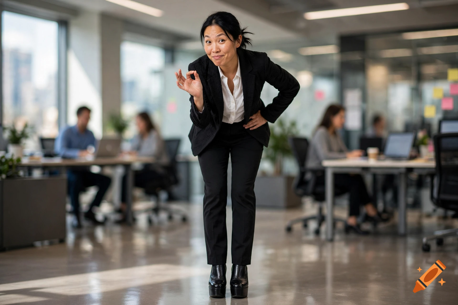 Photorealistic image of a woman in a black suit and platform heels bending forward in an office, gesturing okay.