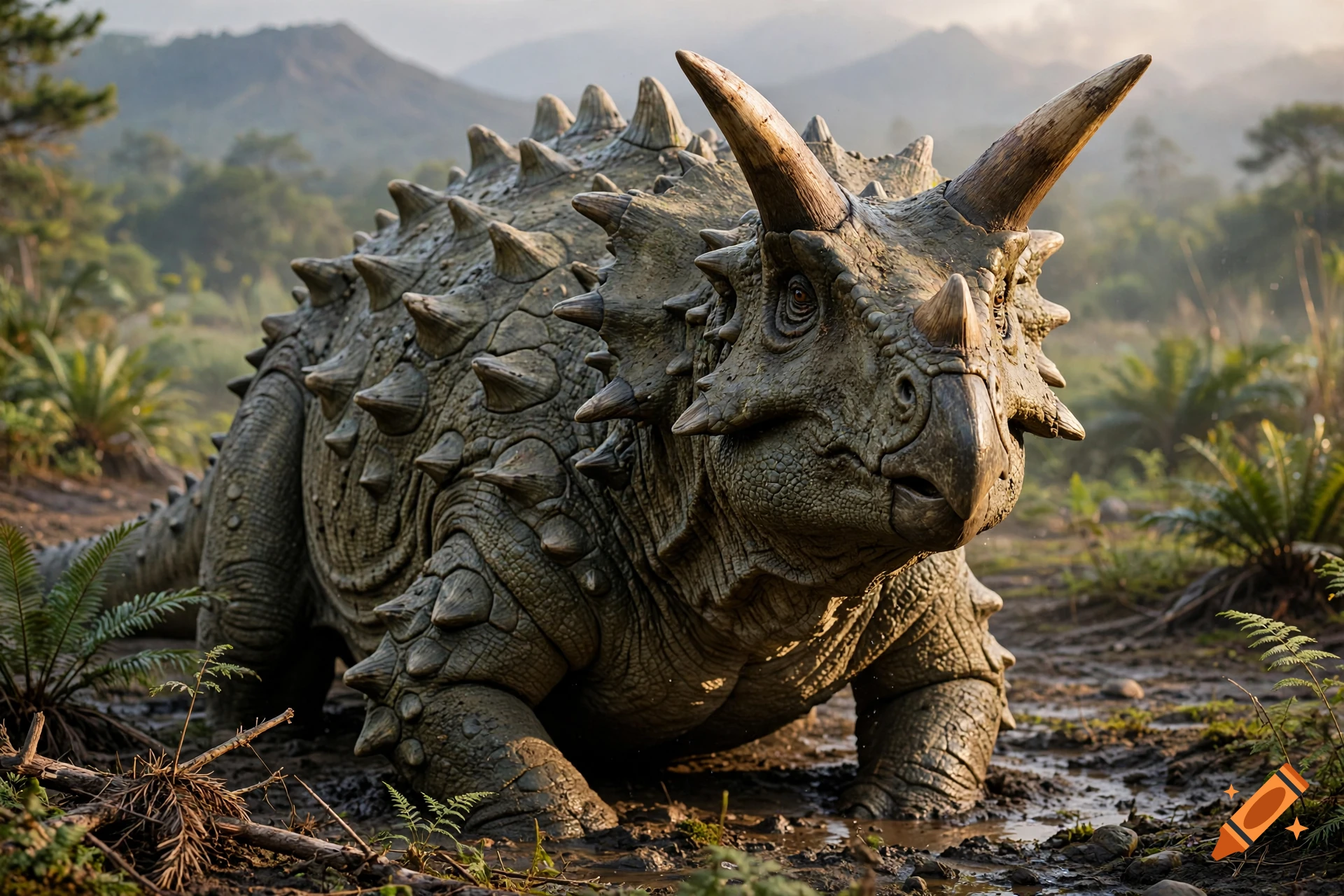 Photorealistic fantasy dinosaur with horns and armored spikes standing in a muddy prehistoric landscape.