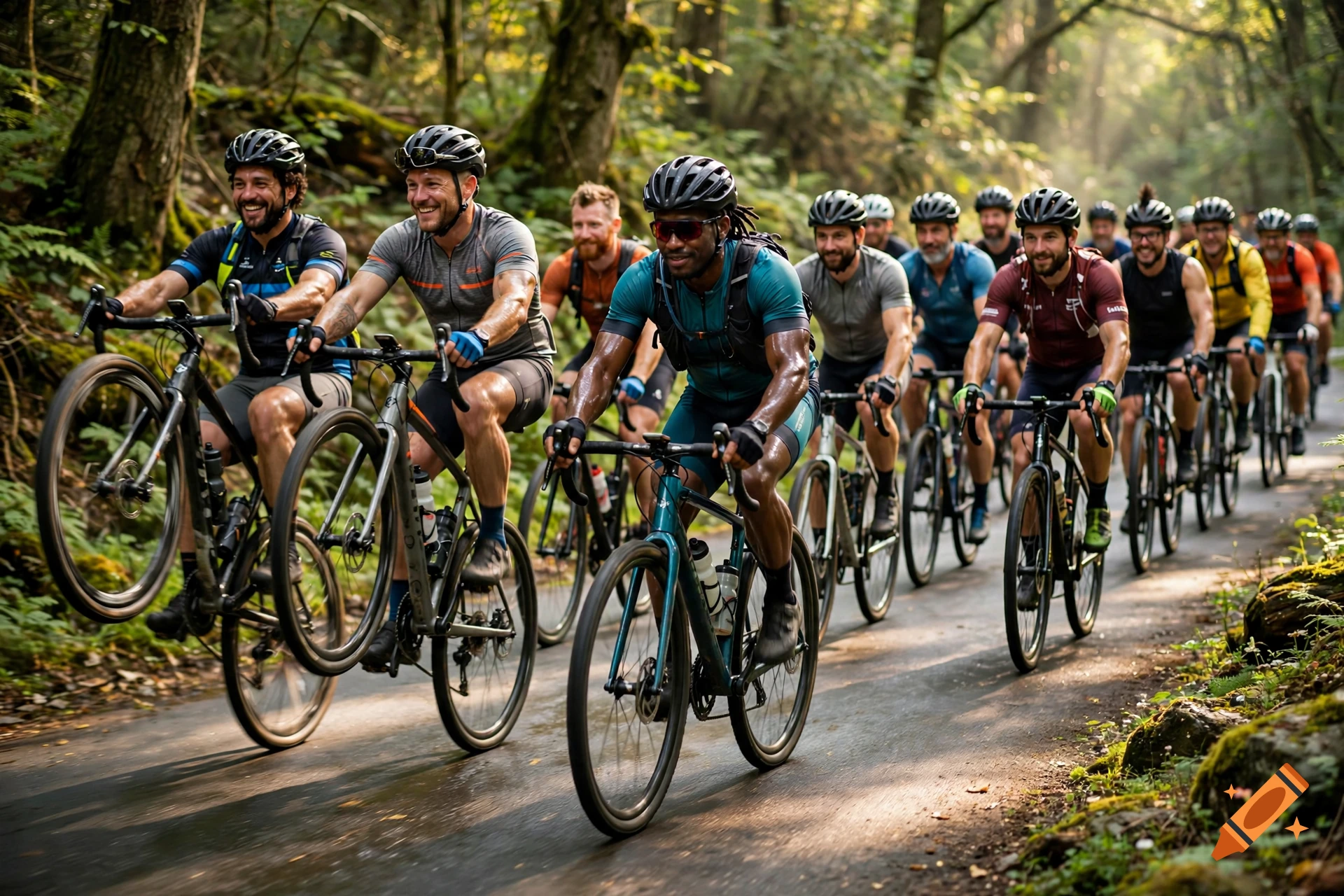 A group of diverse, muscular men smiling while riding bicycles on a forest road, with some performing wheelies. Photorealistic style.