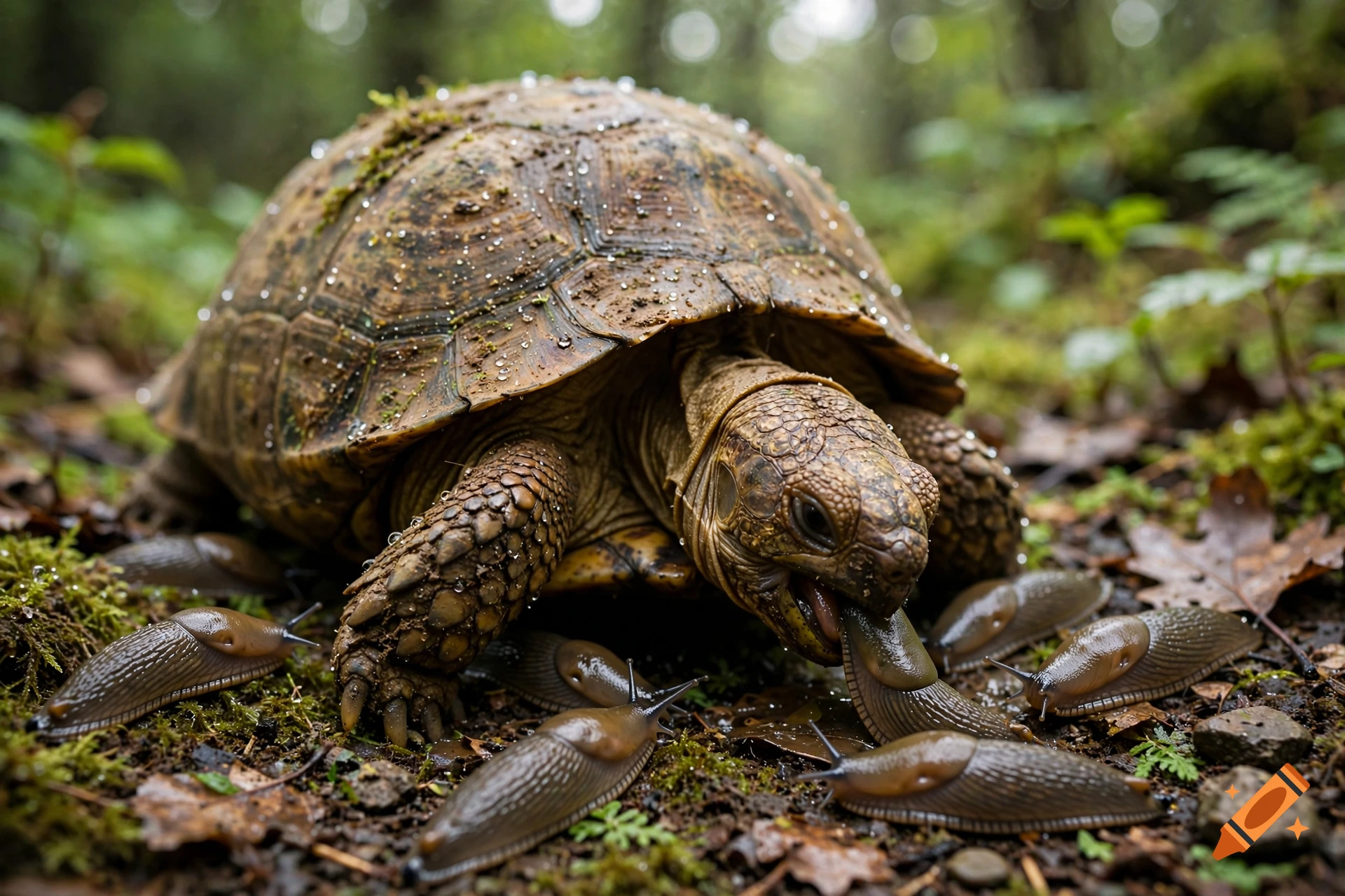 Photorealistic image of a turtle in a forest eating slugs off the mossy ground.