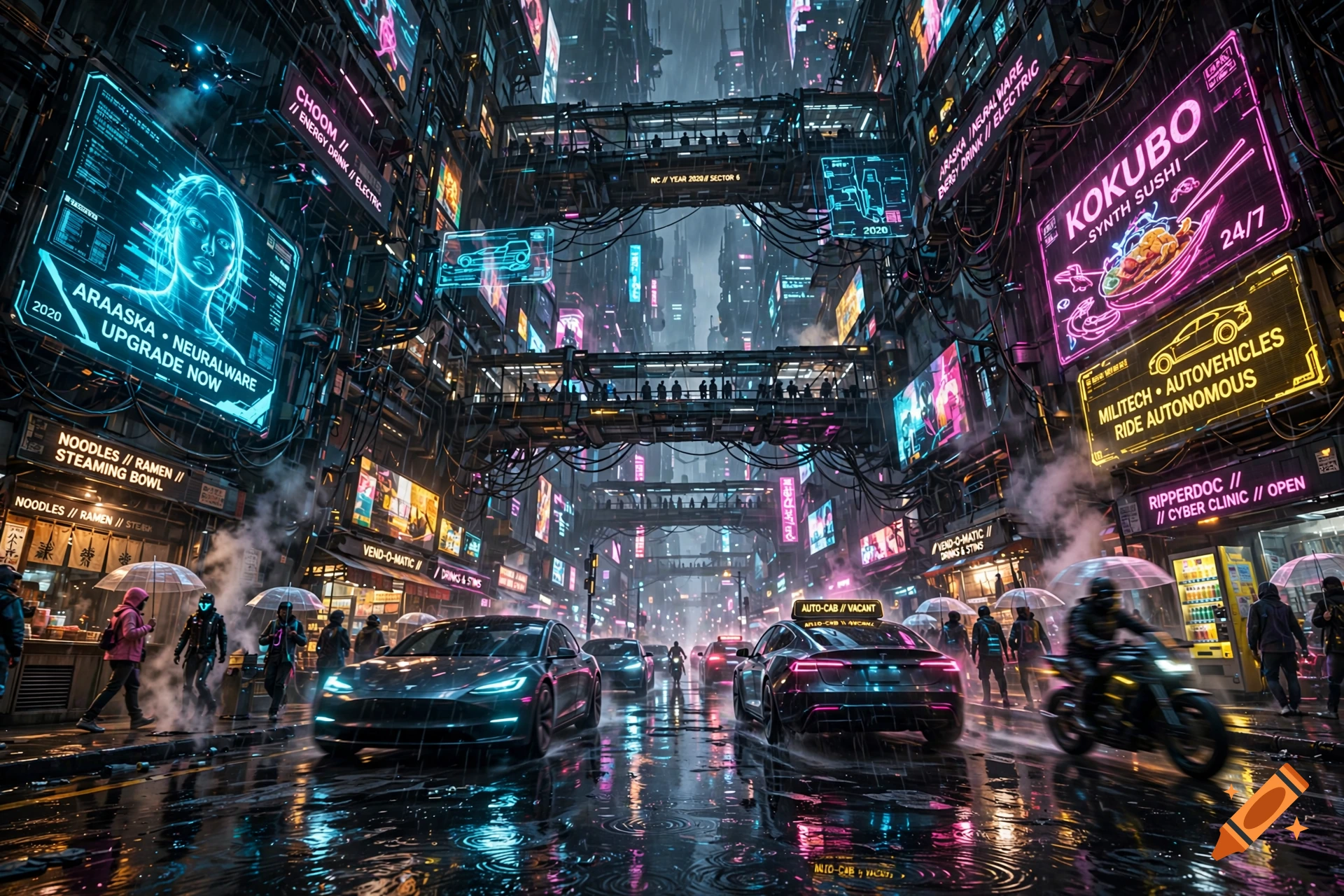 Cinematic cyberpunk street scene in Night City with neon signs, flying vehicles, and rain-slicked pavement.