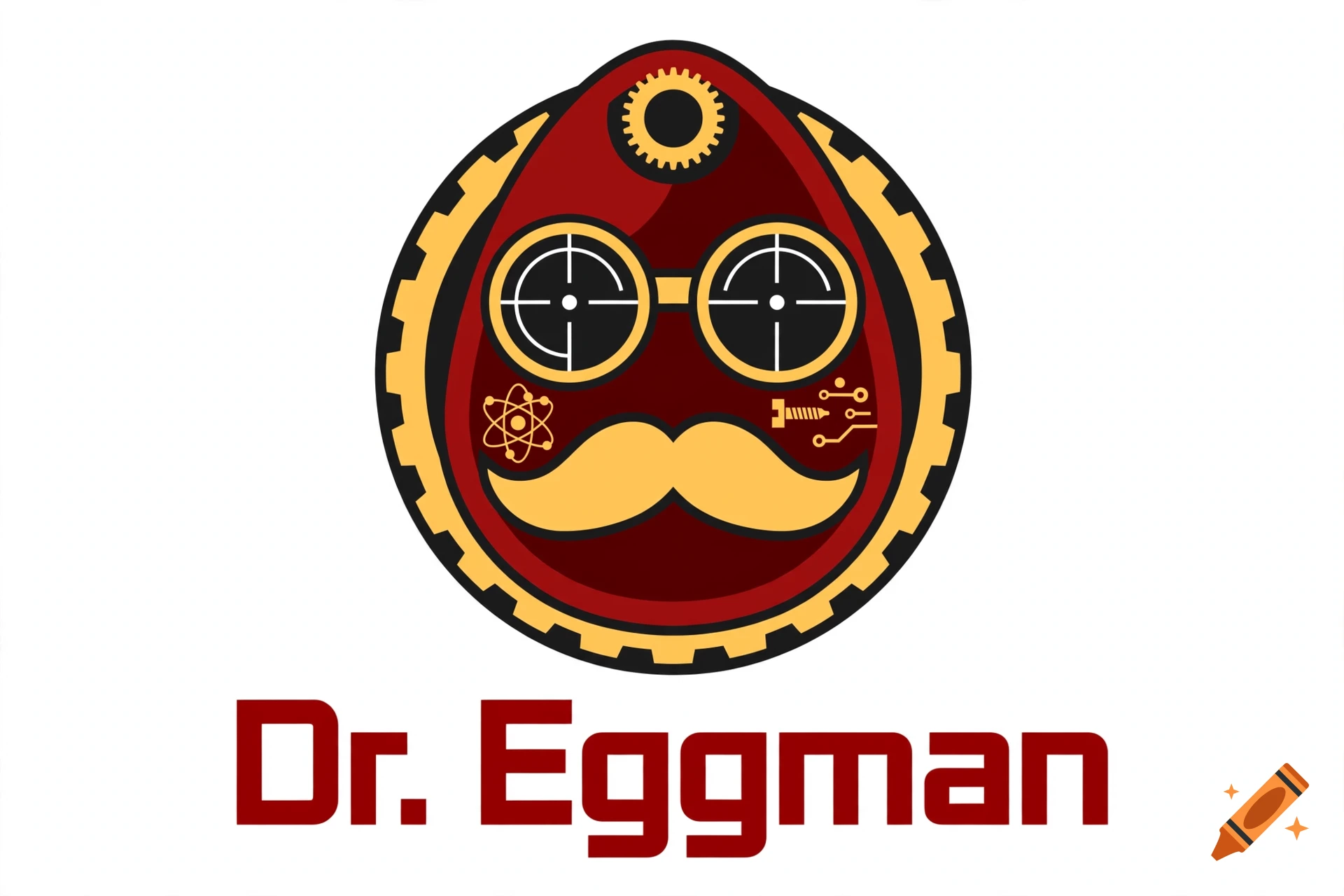Logo of Dr. Eggman from Sonic the Hedgehog with an egg-shaped gear background and text below.