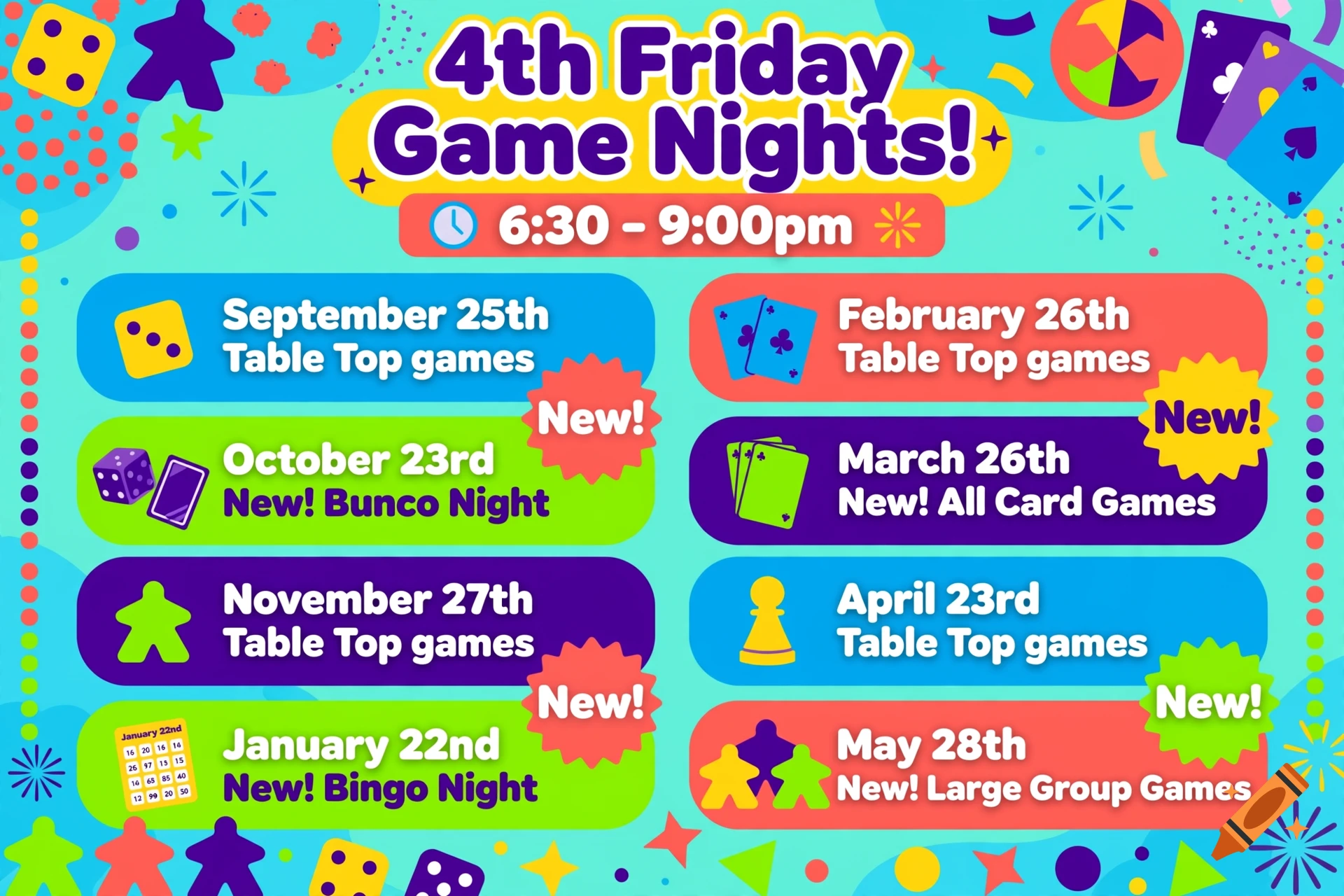 Colorful flyer for 4th Friday Game Nights listing dates and types of games from September to May.