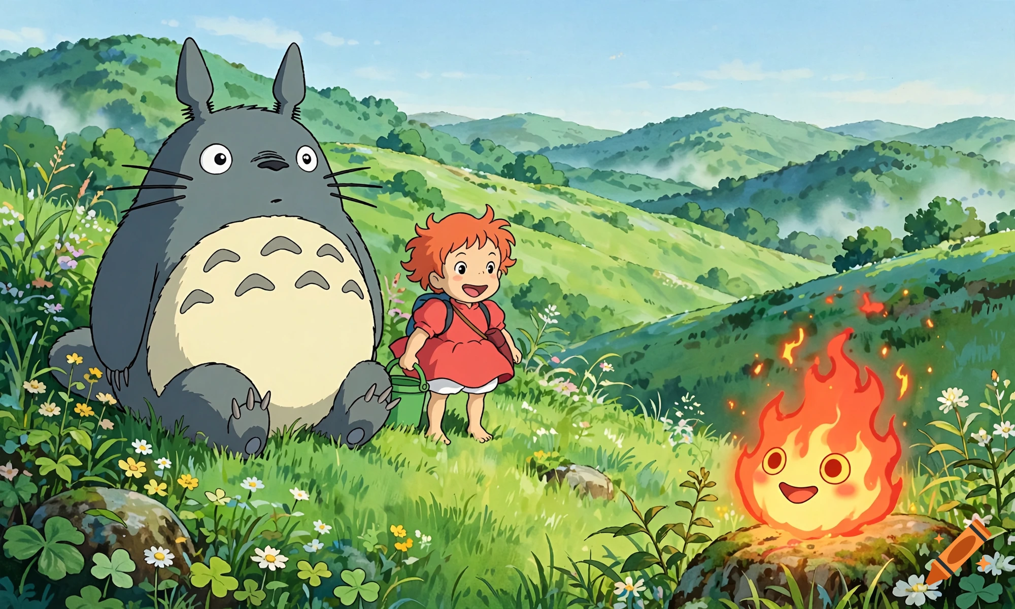 Totoro, Ponyo, and Calcifer in a lush green valley in Ghibli anime style.