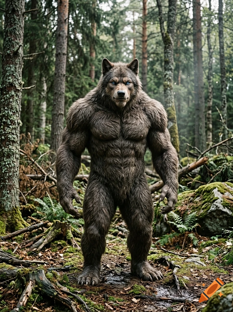Photorealistic image of a muscular werewolf-like creature standing in a dense forest.