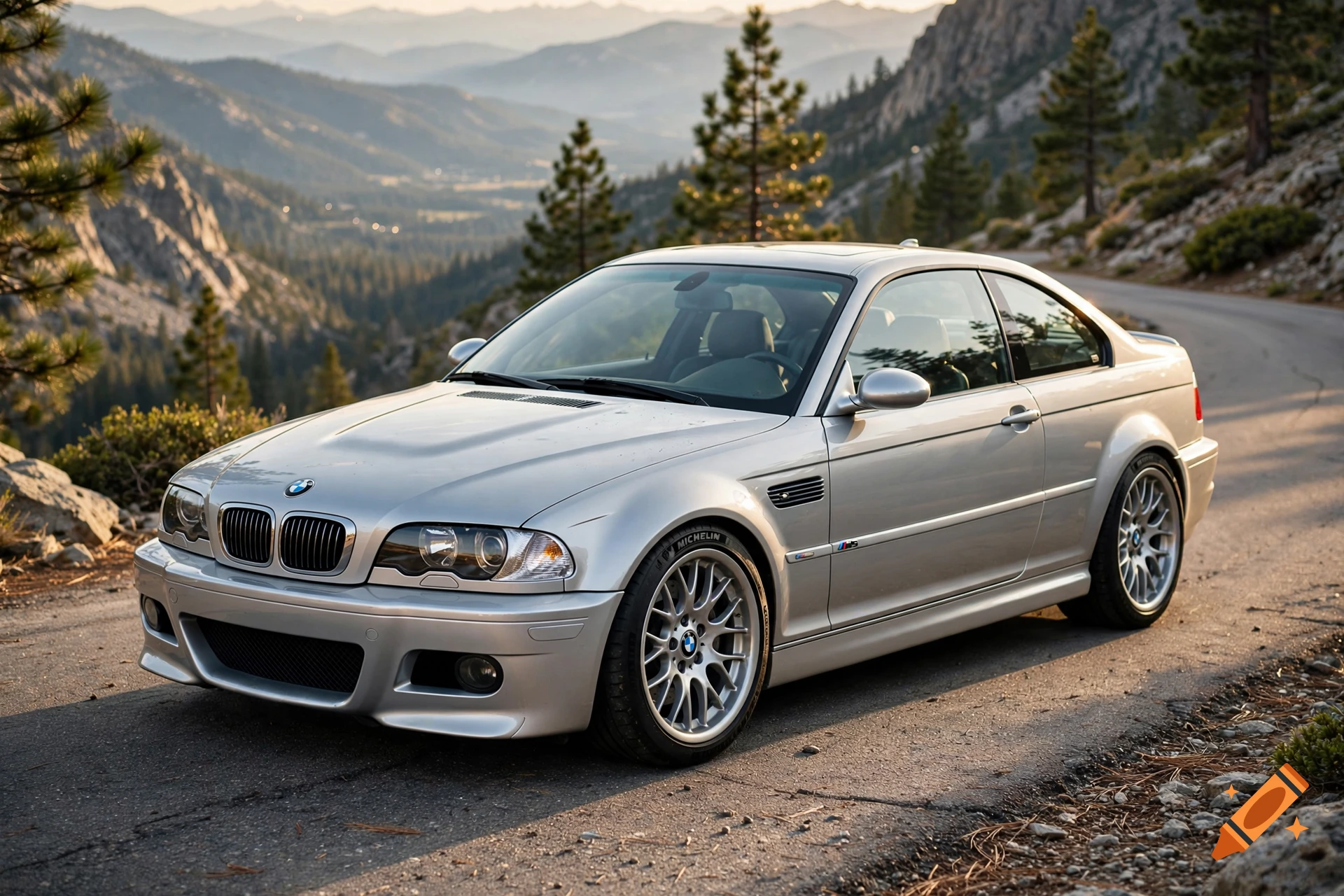 Photorealistic image of a silver BMW E46 M3 parked on a scenic mountain winding road with distant mountain ranges.