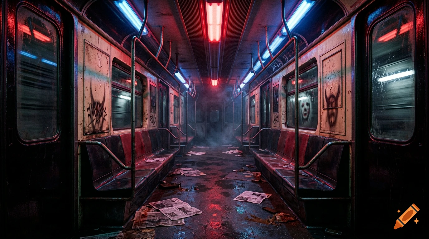An eerie, abandoned subway car illuminated by harsh red and blue fluorescent ceiling lights, featuring graffiti on the walls, debris scattered on the floor, and a haunting face pressed against one of the windows.