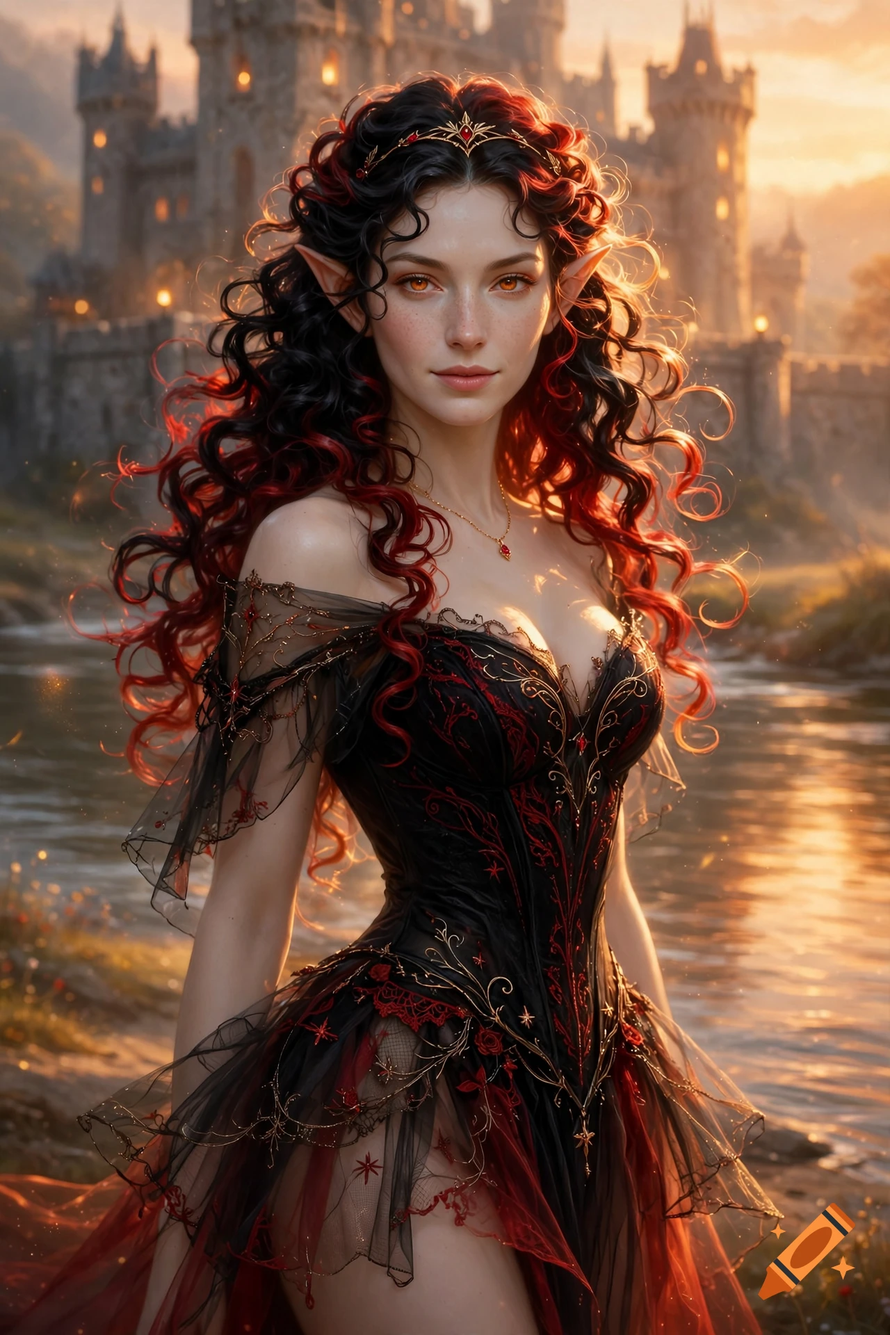 Portrait of a half-elf princess with black and red hair and pointed ears in a black and red dress, fantasy art style.