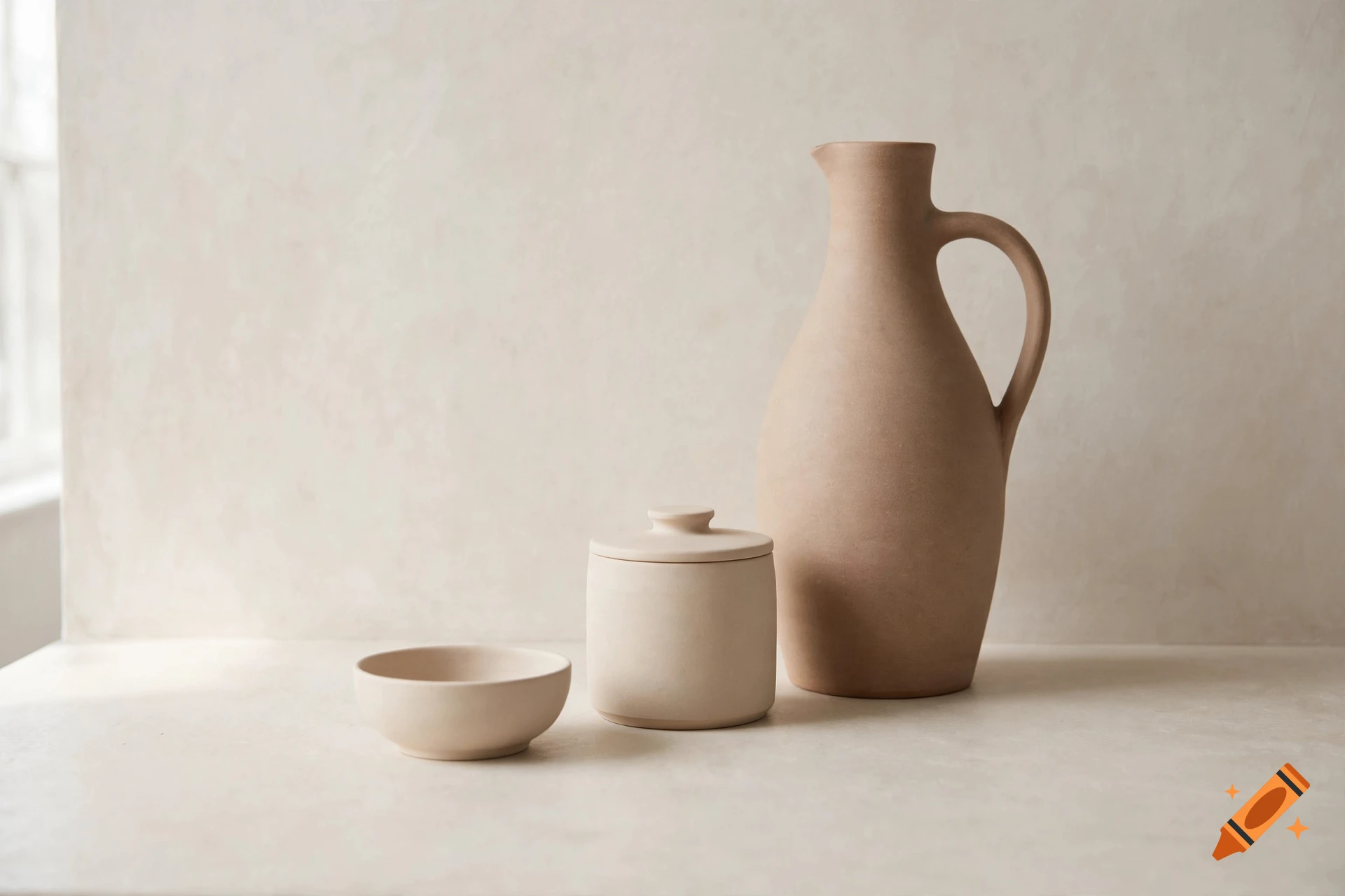 Photorealistic still life featuring a beige ceramic pitcher, a small covered jar, and a bowl on a neutral countertop.