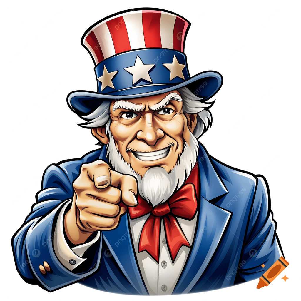 Illustration of Uncle Sam pointing forward with a determined expression, wearing his classic star-spangled top hat and red bow tie.