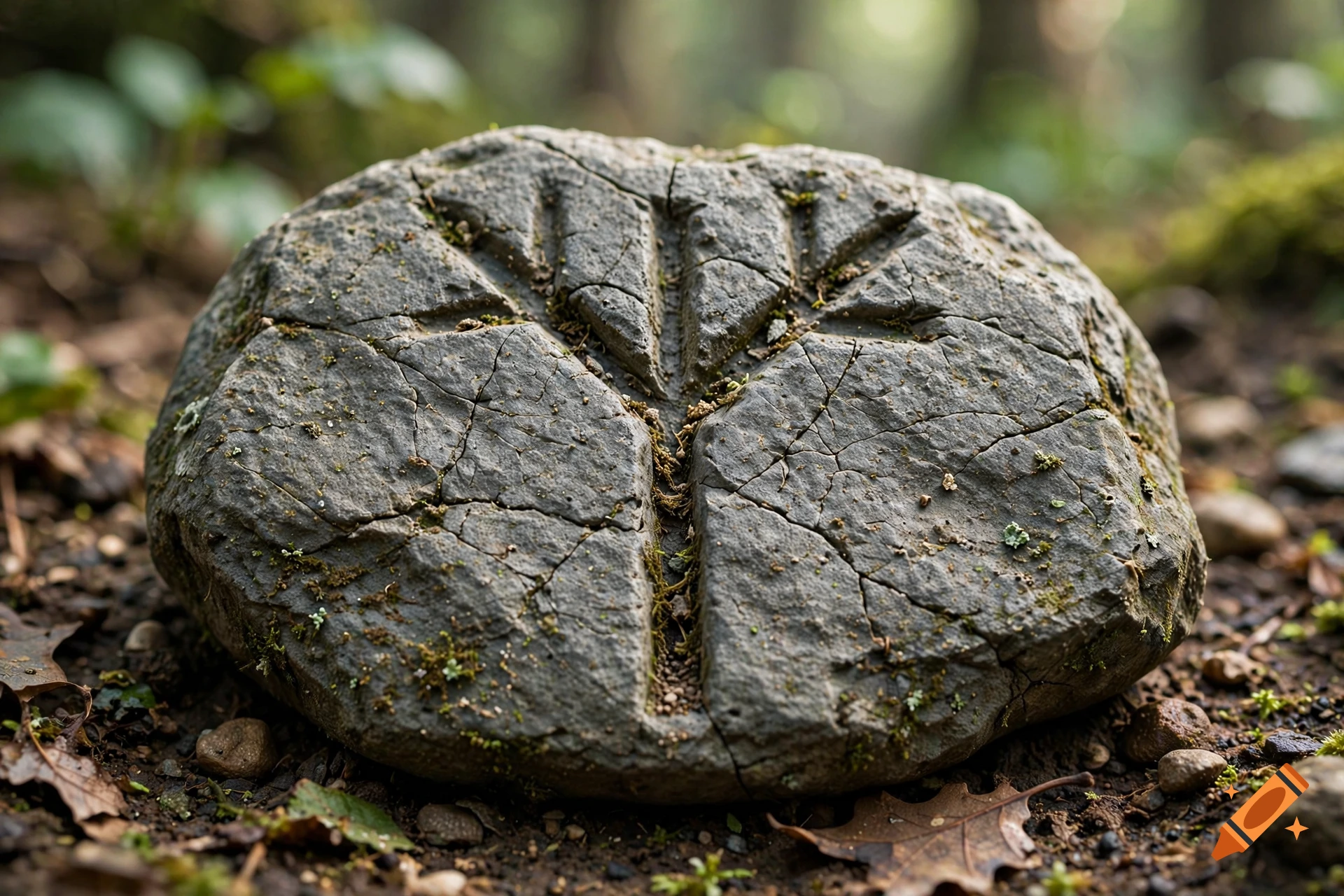 Close-up photorealistic shot of a grey mossy stone with carved rune symbols lying on the forest floor.
