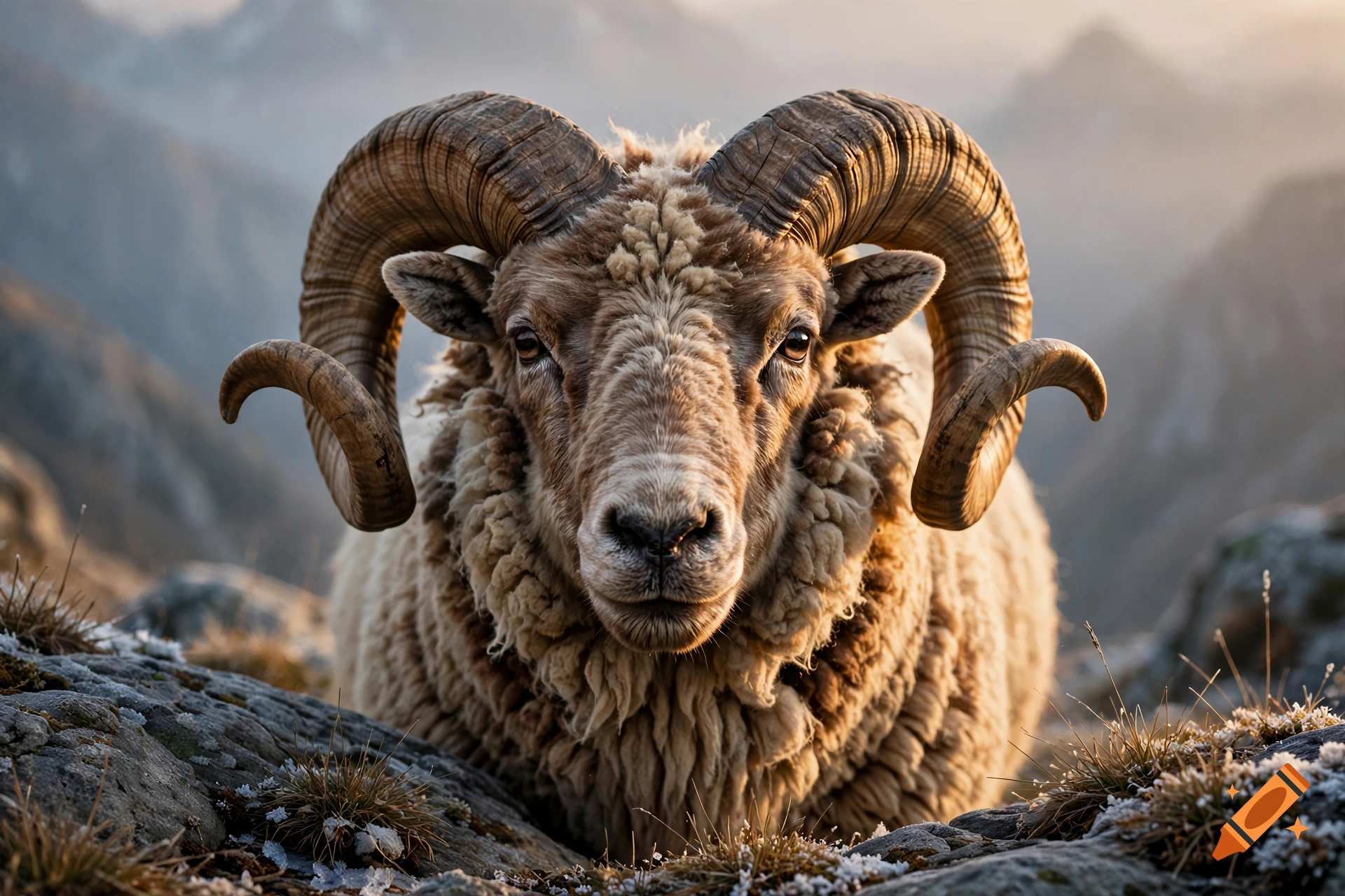 Close-up photorealistic portrait of a large ram with curved horns, positioned among rocky terrain in a mountainous landscape.