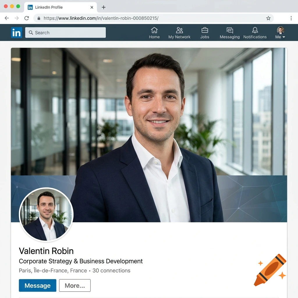 A screenshot of a LinkedIn profile page featuring a professional headshot of a man in a suit.