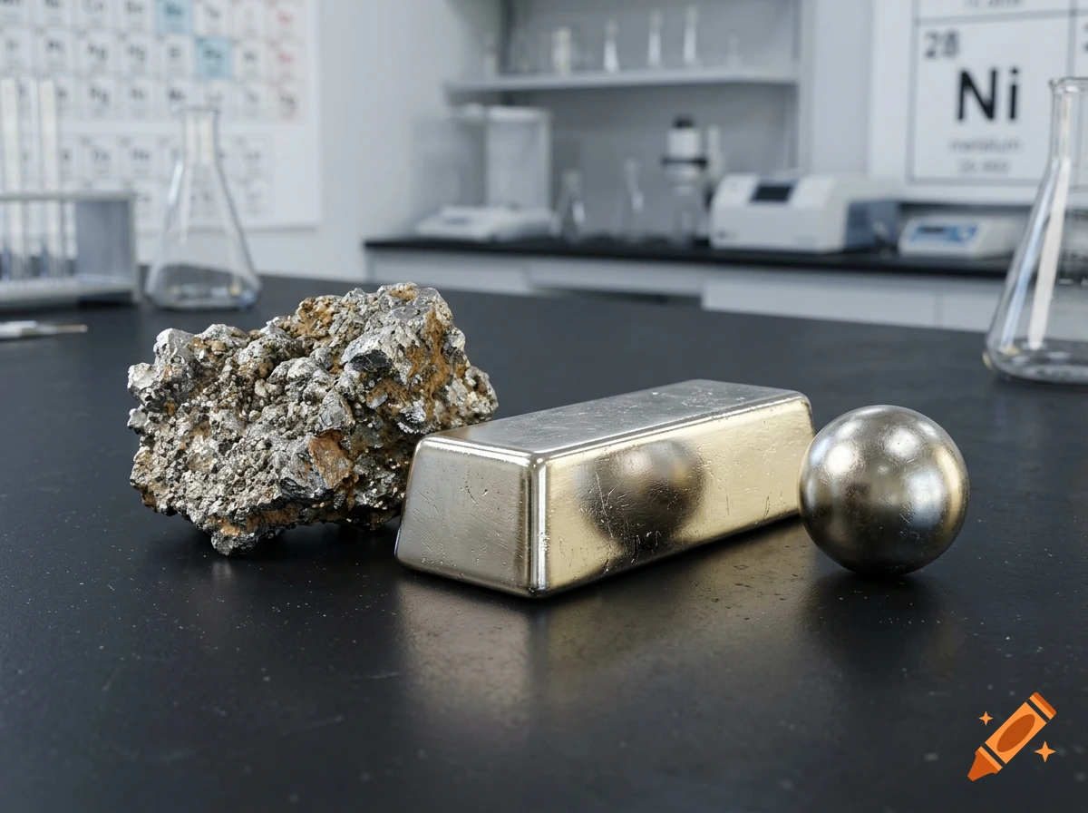 Photorealistic still life of a nickel ore rock, a nickel metal bar, and a nickel sphere on a laboratory table.