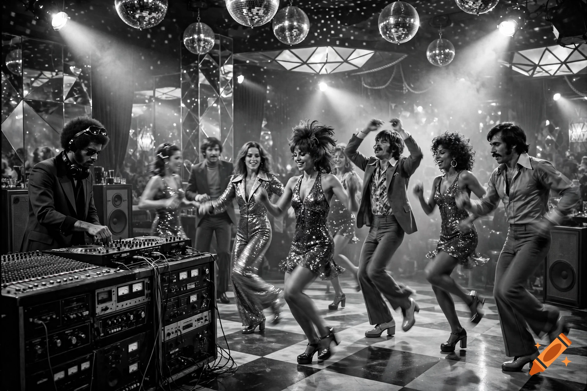 Black and white photo of people dancing in a 1970s disco with a DJ and mirror balls.