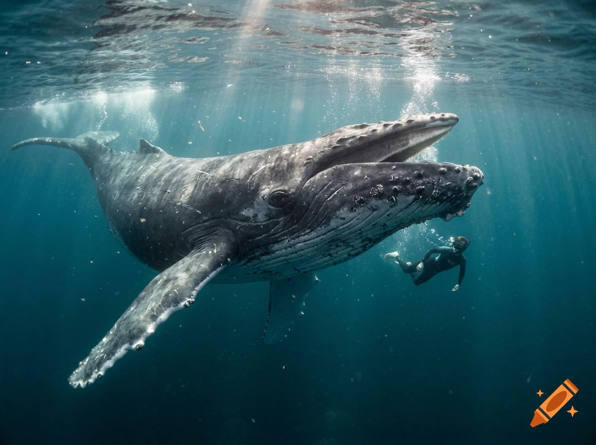 Photorealistic underwater shot of a large humpback whale near a diver in the deep blue sea.