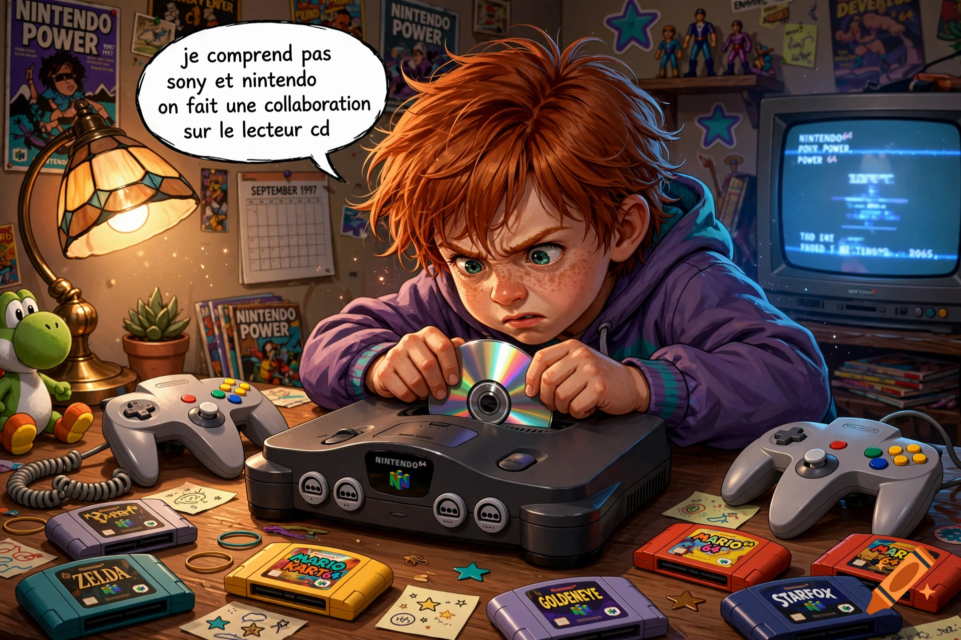 A red-haired boy struggles to insert a CD into a retro Nintendo 64 console in a bedroom filled with gaming merchandise, digital illustration style.