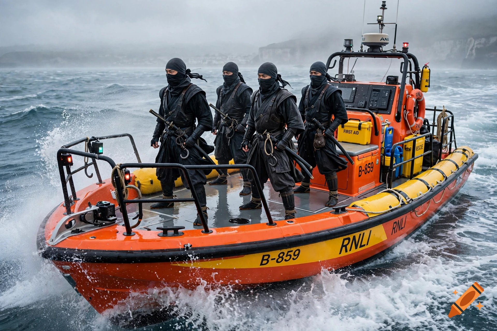 Four ninjas in black tactical gear standing on an orange RNLI rescue boat navigating rough seas.