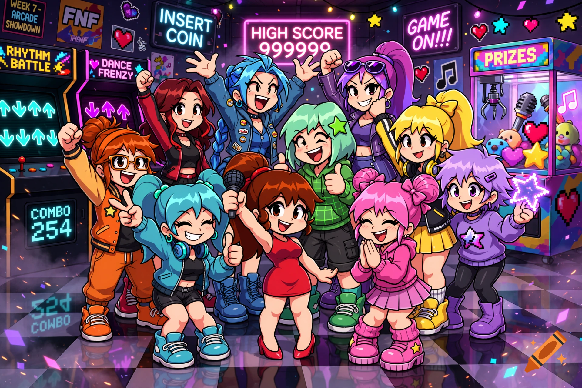 Colorful anime-style illustration of ten versions of Girlfriend from Friday Night Funkin' in a neon-lit arcade.
