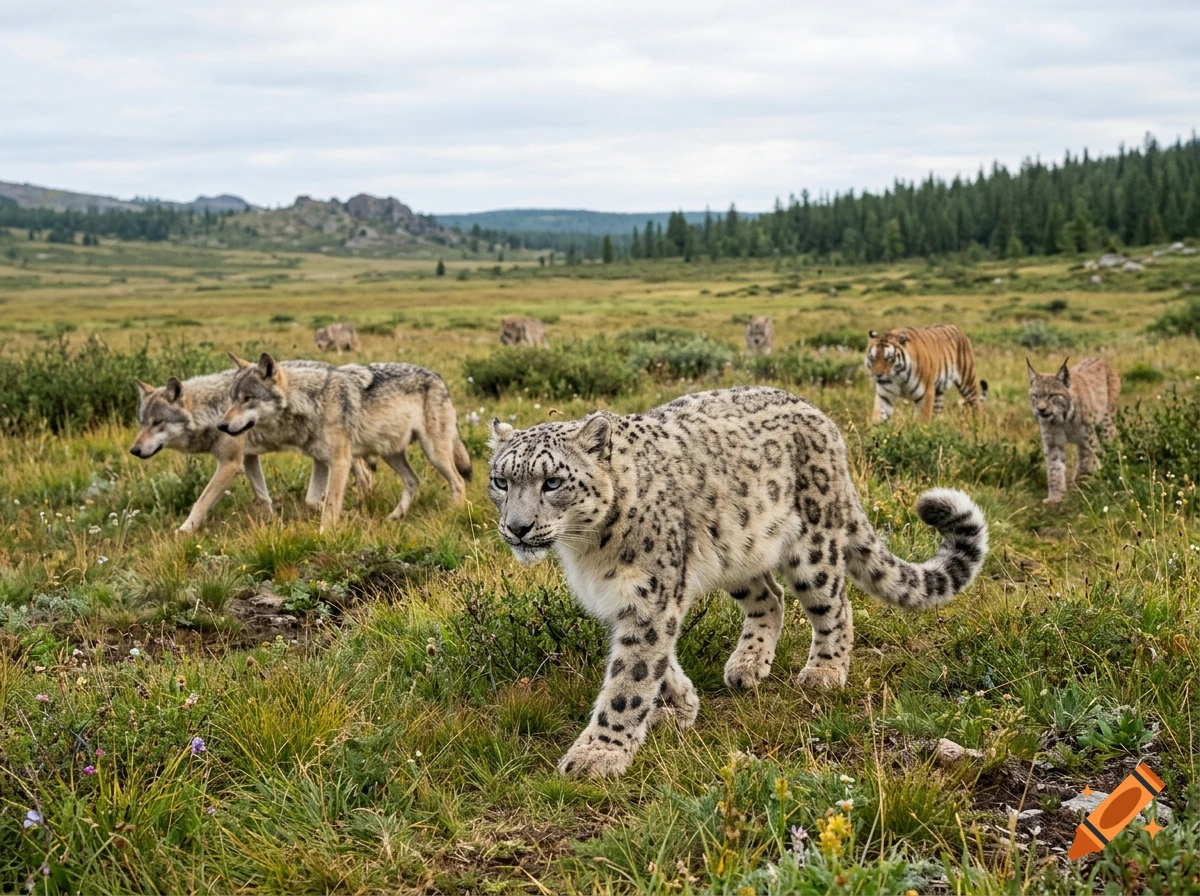 Photorealistic image of a snow leopard walking through a grassy meadow, accompanied by wolves and a tiger in the background.
