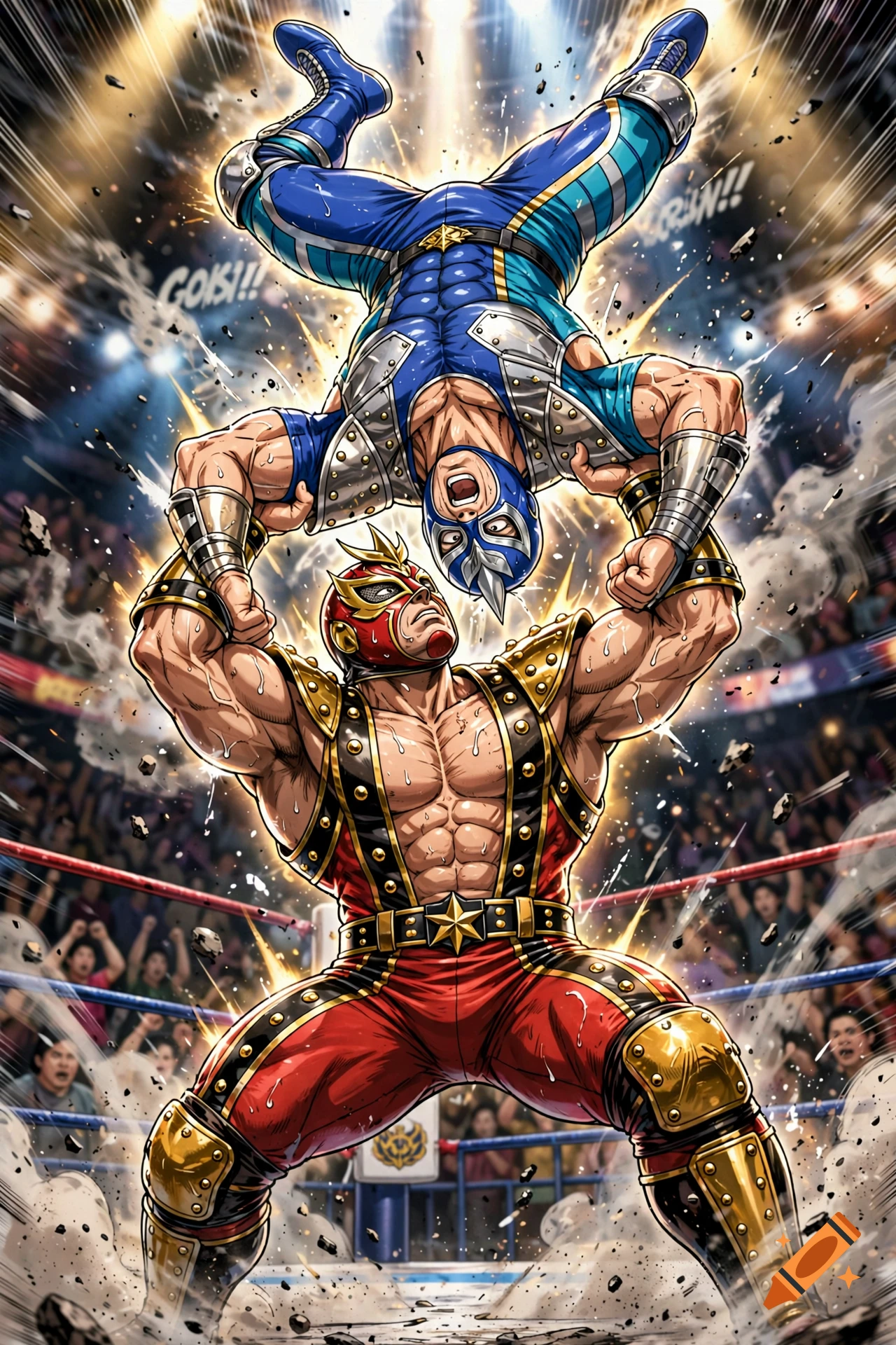 Dynamic manga-style illustration of two professional wrestlers executing a piledriver move inside a crowded wrestling ring.