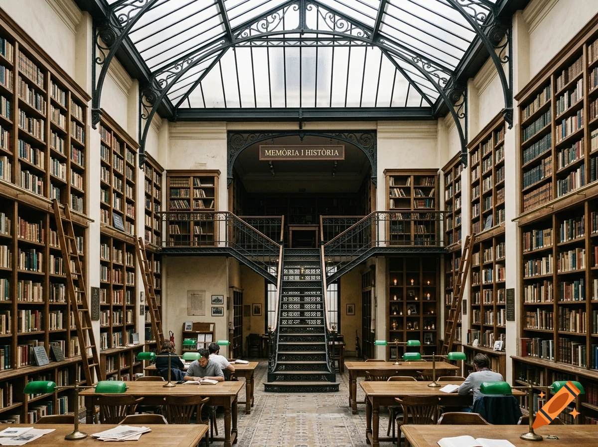 A grand, multi-story historic library with tall wooden bookshelves, a central staircase, a glass atrium ceiling, and people studying at reading tables.