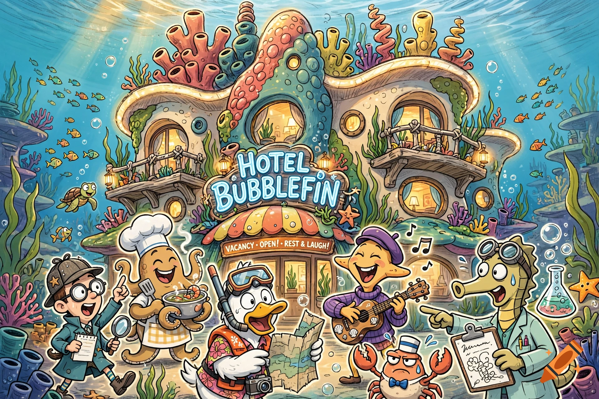 Colorful cartoon underwater hotel scene with whimsical sea creature characters, hand-drawn style.