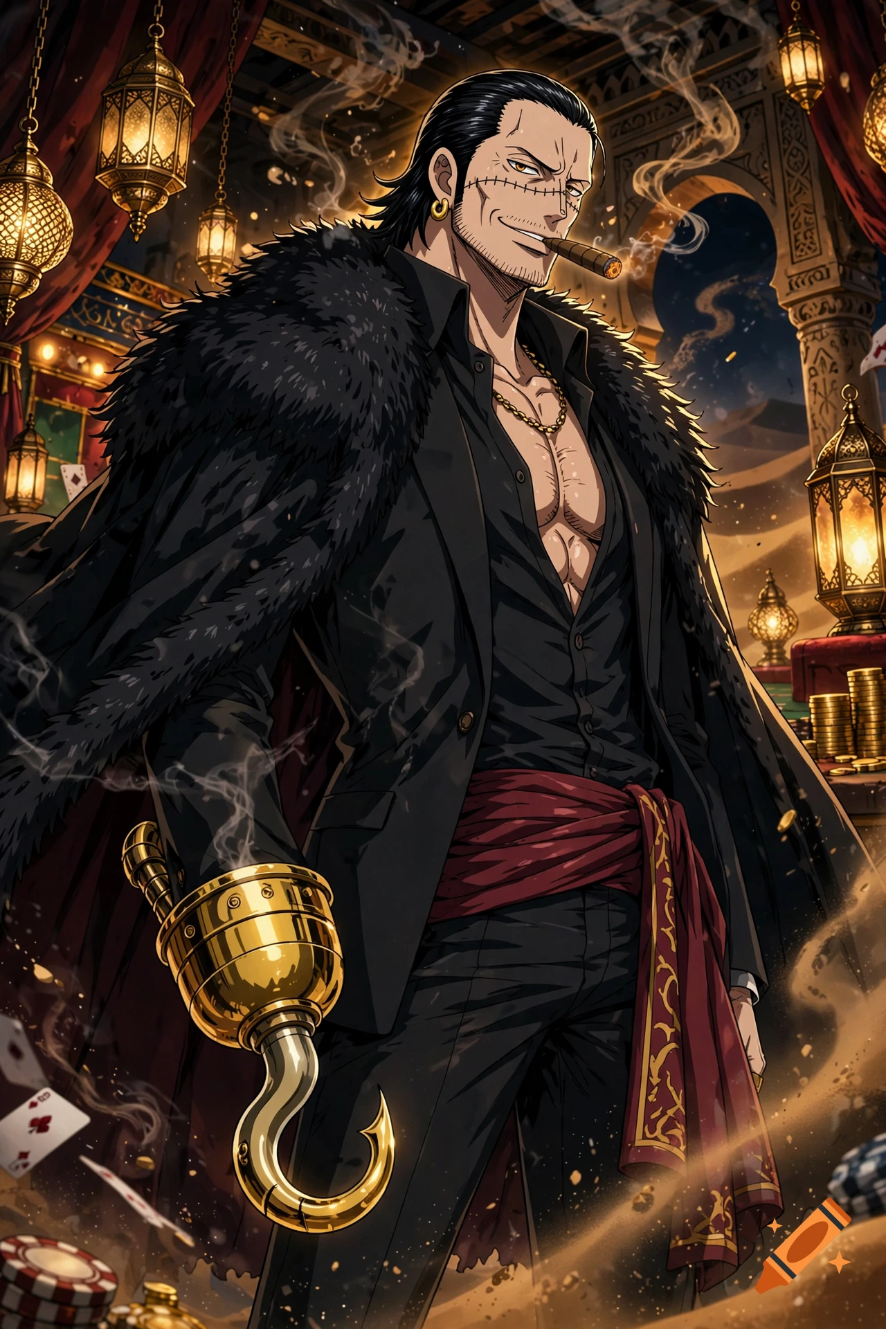 Anime style illustration of Crocodile from One Piece in a desert casino setting smoking a cigar with a golden hook hand.