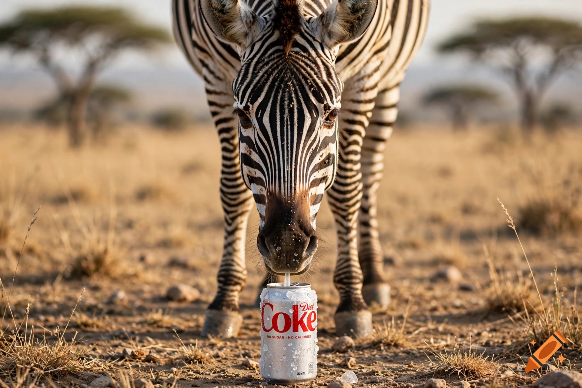 Photorealistic image of a zebra drinking Diet Coke with a straw in the African savanna.