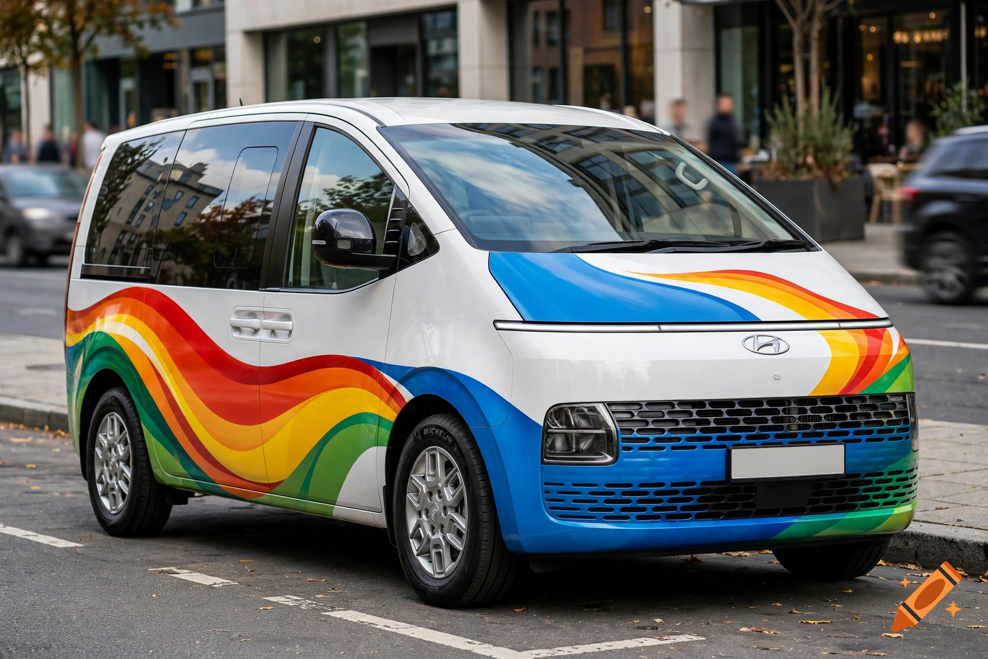 Photorealistic white Hyundai van with colorful rainbow wave wrapping parked on a city street.