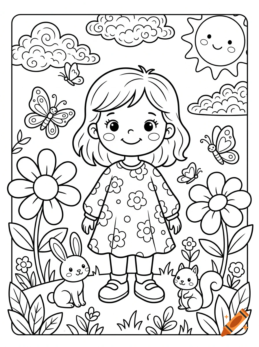 Black and white coloring page featuring a smiling girl in a flower-patterned dress, surrounded by flowers, butterflies, a rabbit, a squirrel, clouds, and a smiling sun.